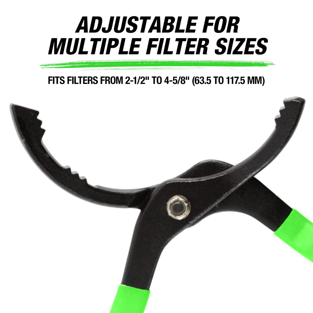 OEMTOOLS pliers being used to remove an oil filter in a tight engine bay for access