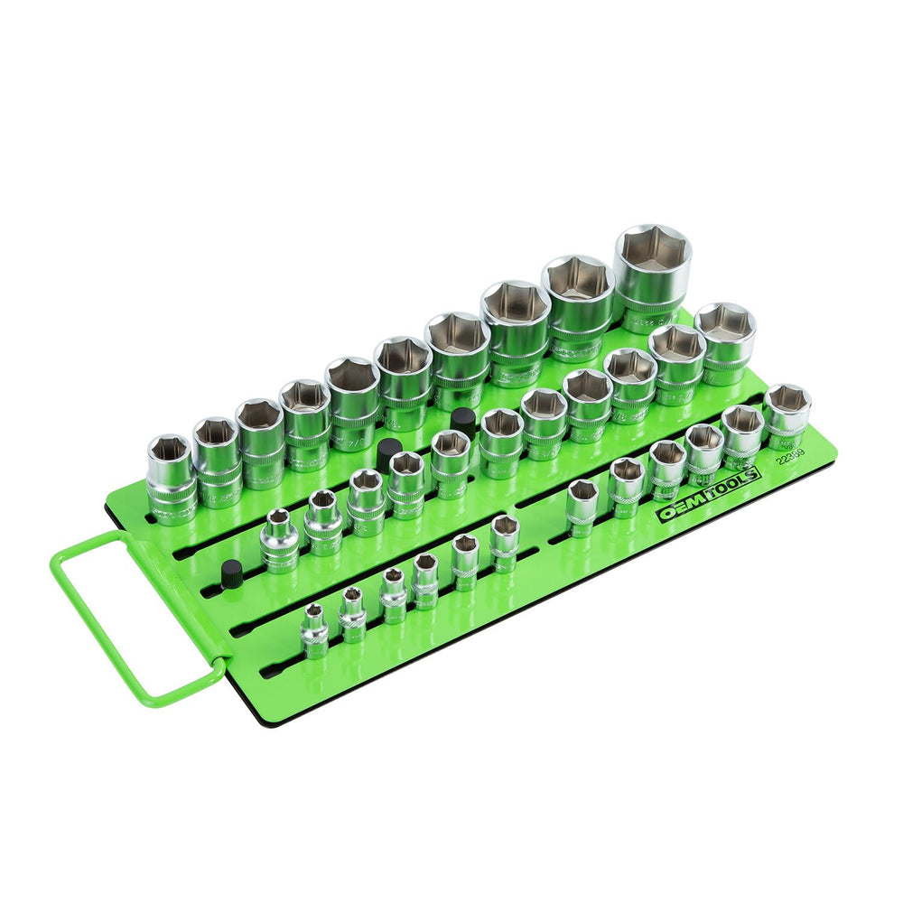 OEMTOOLS front view of green magnetic socket tray showing rows and handle for easy transport