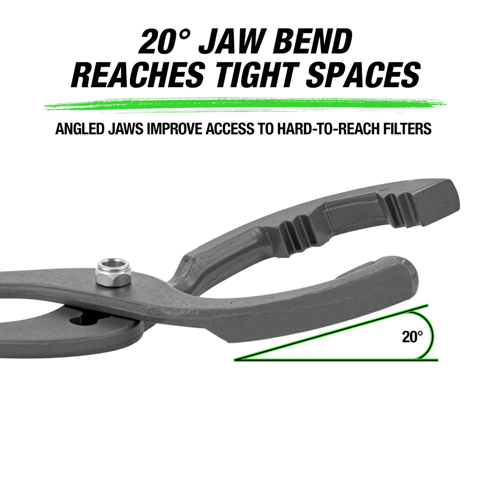 OEMTOOLS pliers beside ruler to show fit range and scale for 2-1/2"–4-5/8" filters