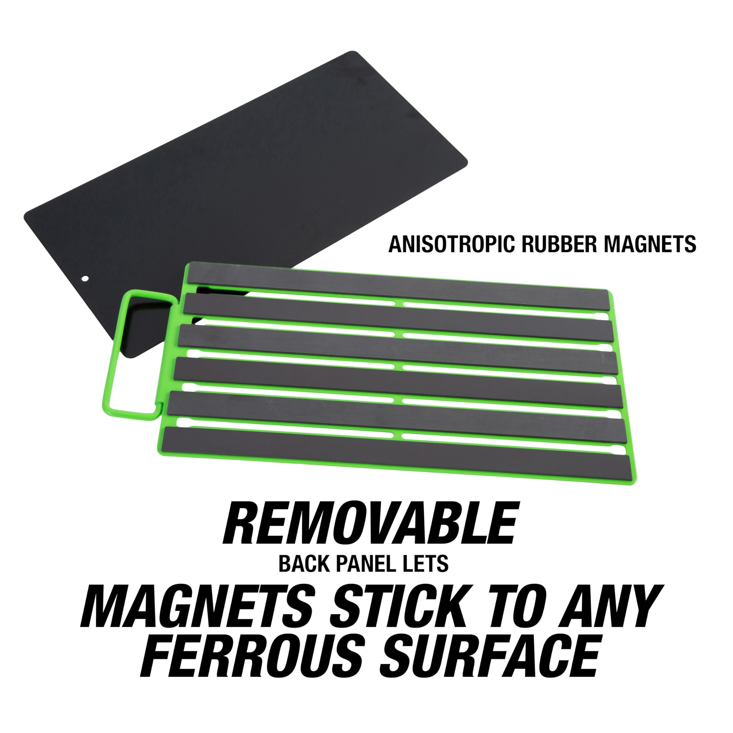OEMTOOLS tray attached to a metal cabinet demonstrating removable back panel mounting