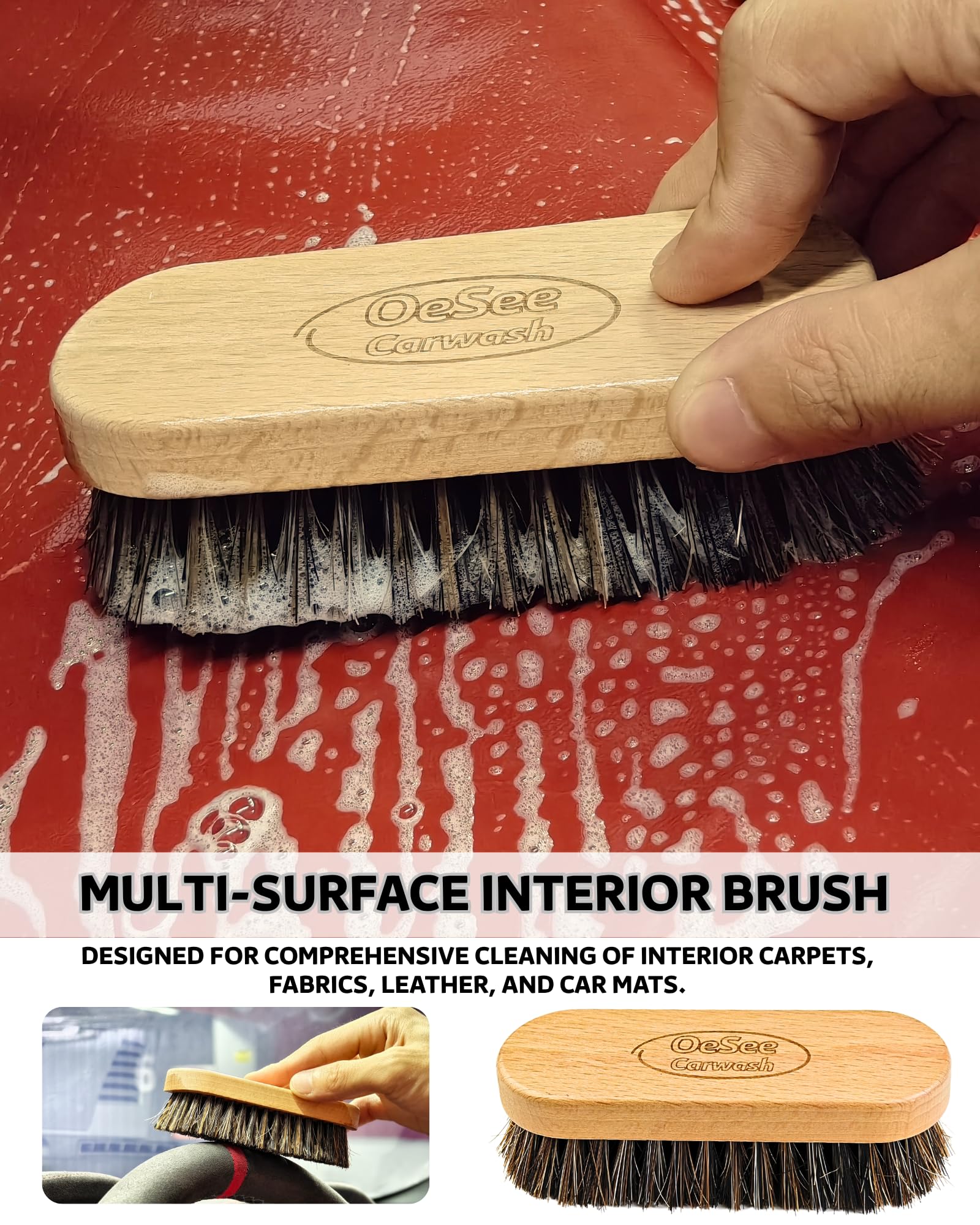 oesee boar bristle brush closeup lifting dirt safely from upholstery