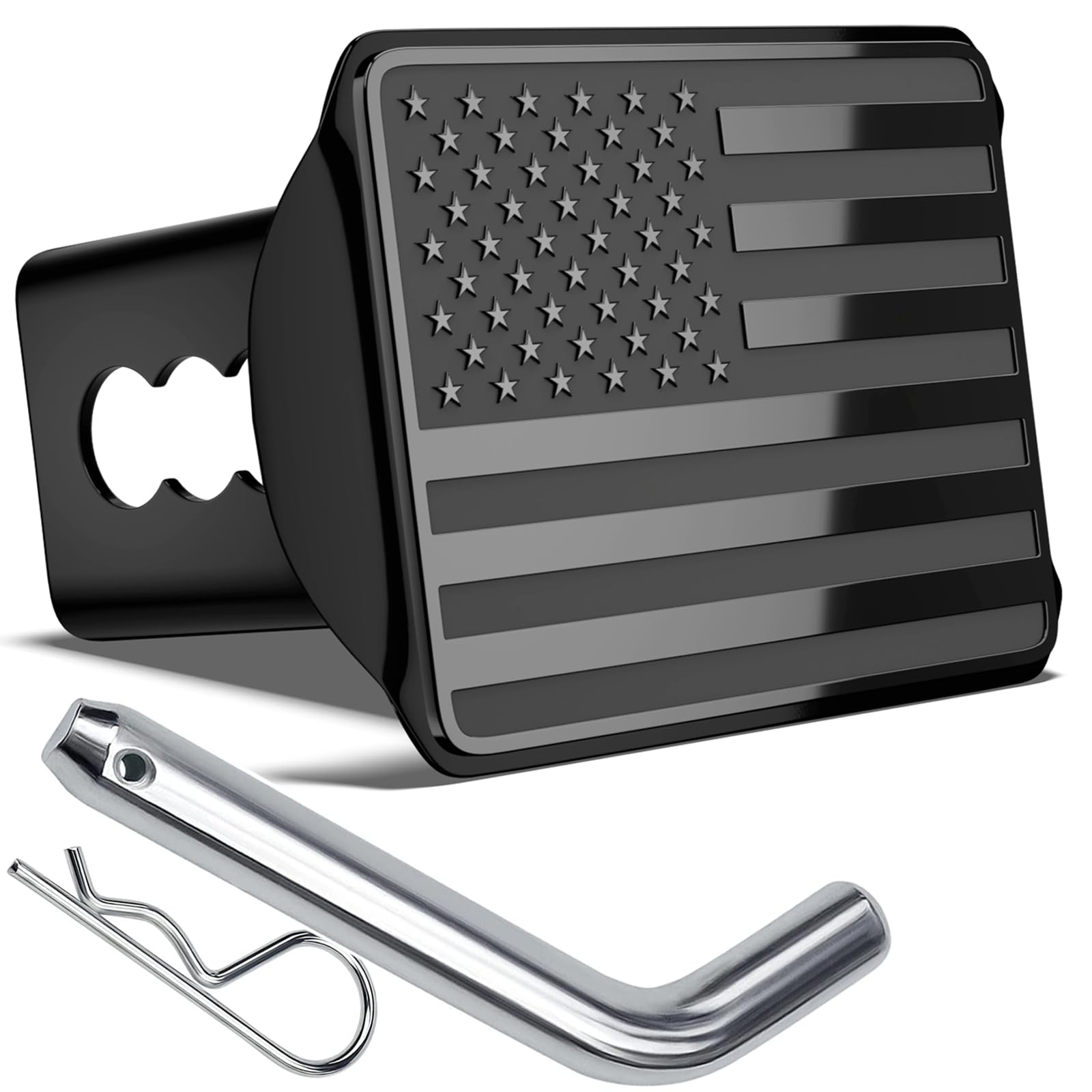 OGYE front view of American flag hitch cover showing bold patriotic finish and protection