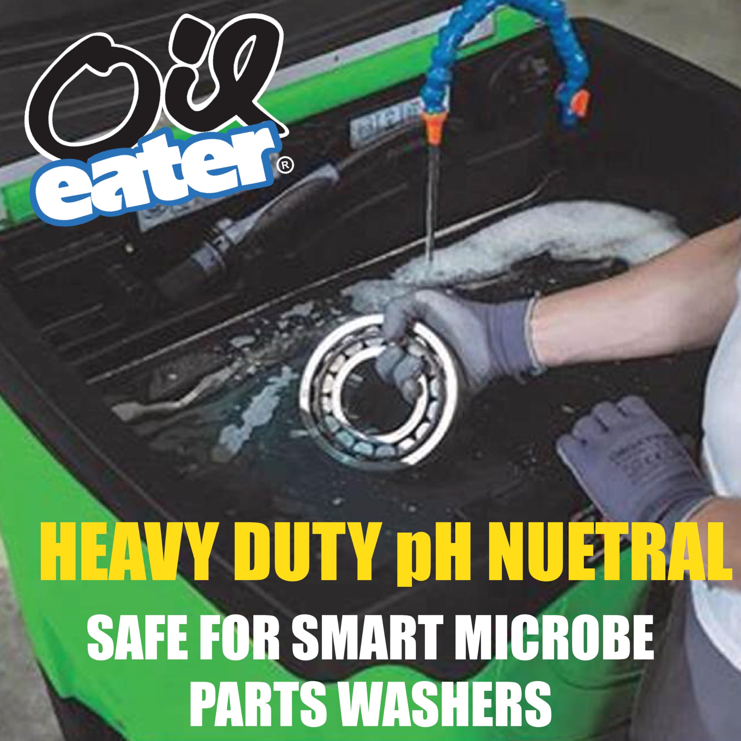 Oil Eater 5-gallon pail beside tools for scale and workshop convenience