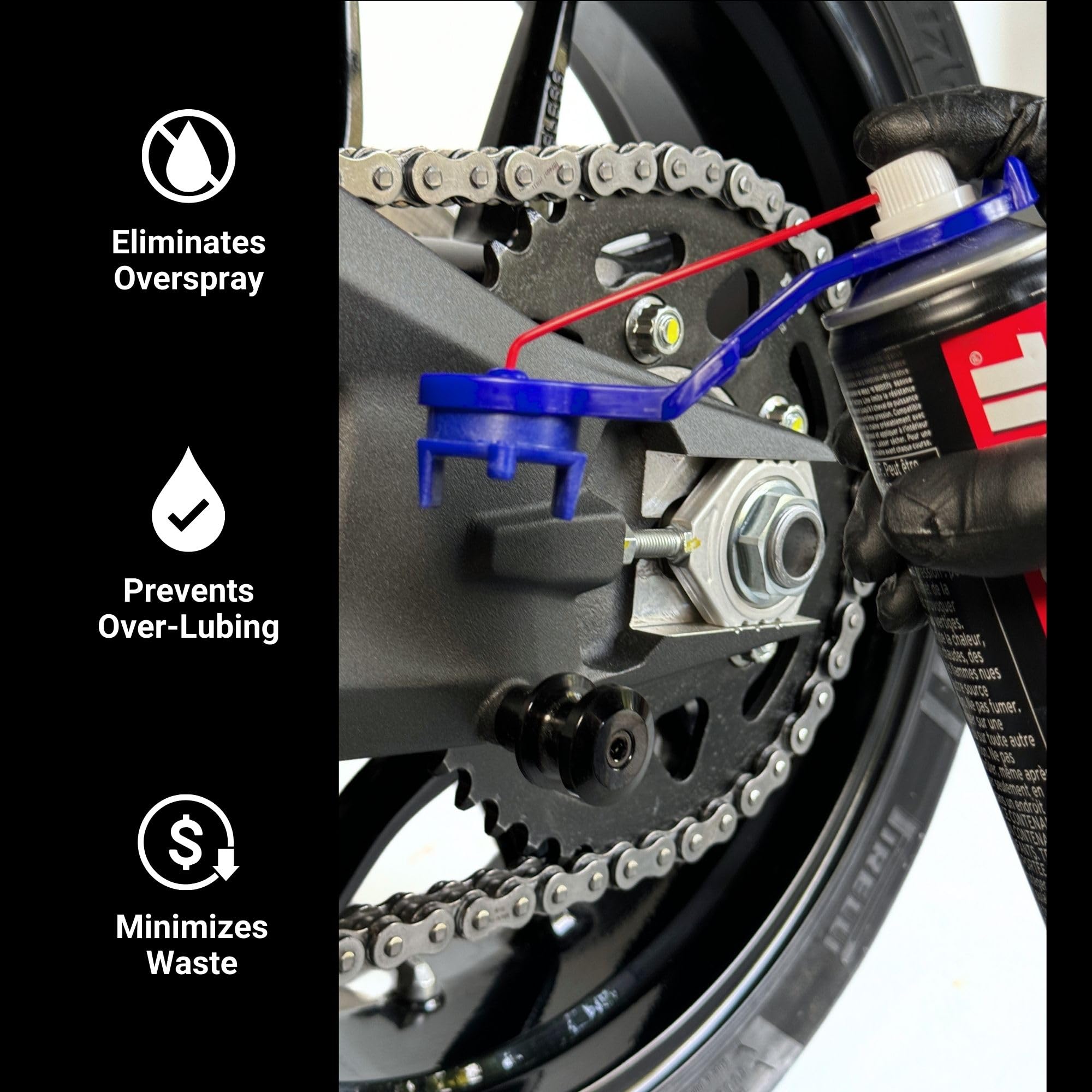 Oinker attached to motorcycle chain demonstrating targeted application with less mess