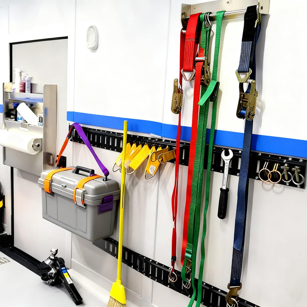 Okllen installed on garage shelving organizing tools and preventing equipment shift