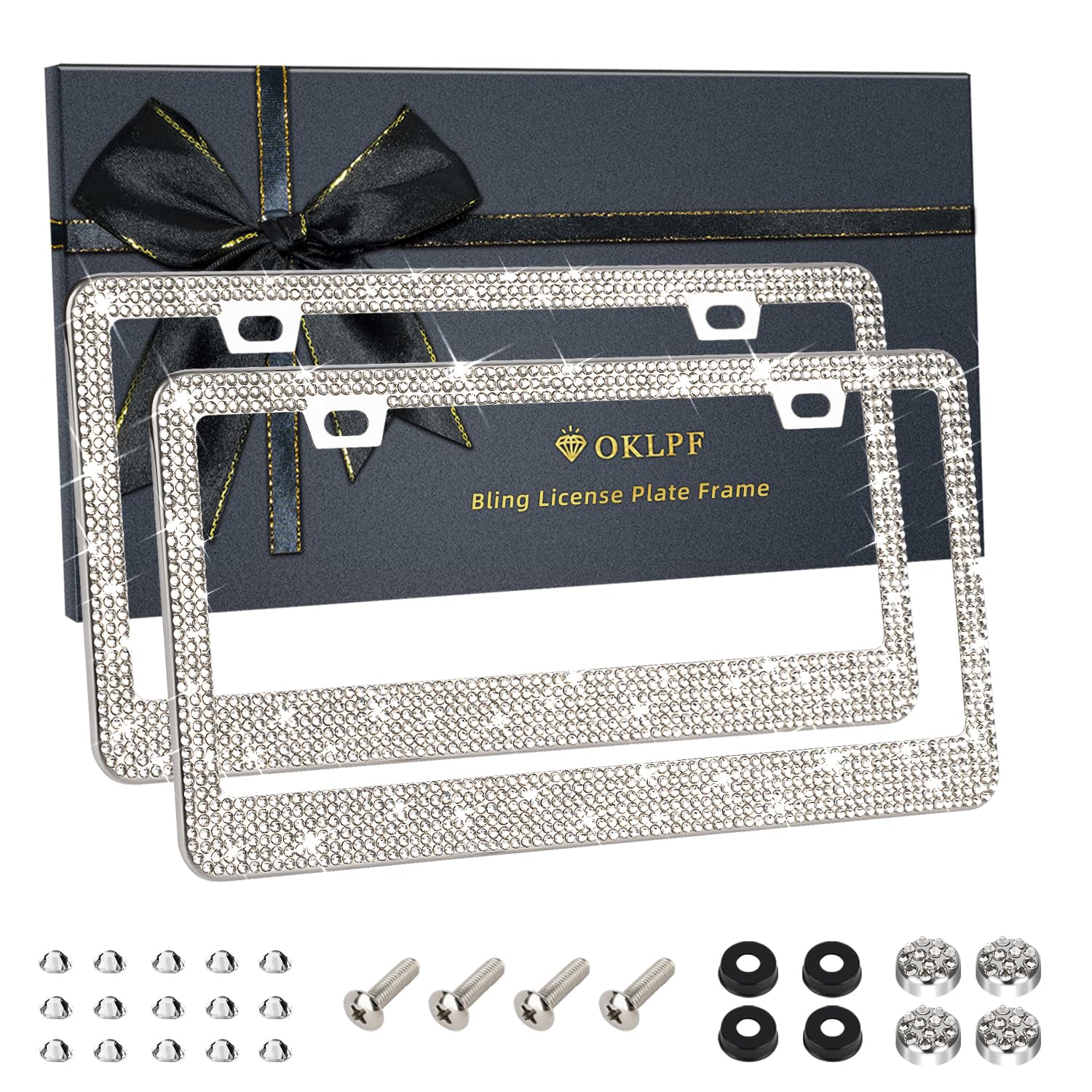 OKLPF white bling license plate frame front view showing rhinestone accents and neat finish