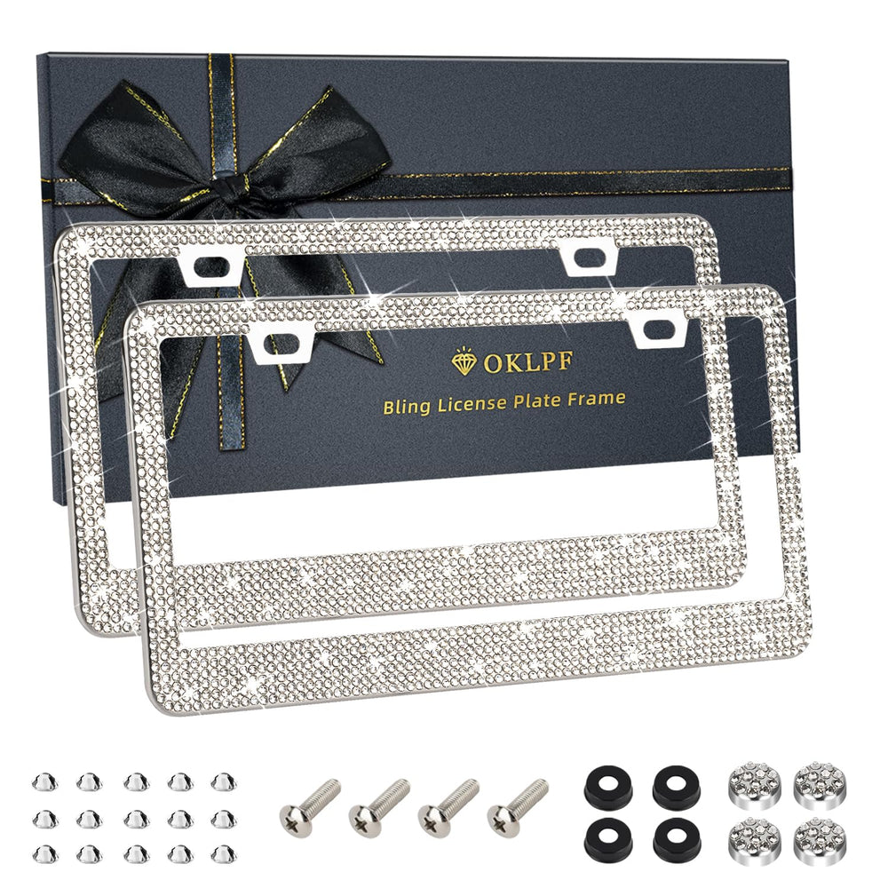 OKLPF white bling license plate frame front view showing rhinestone accents and neat finish