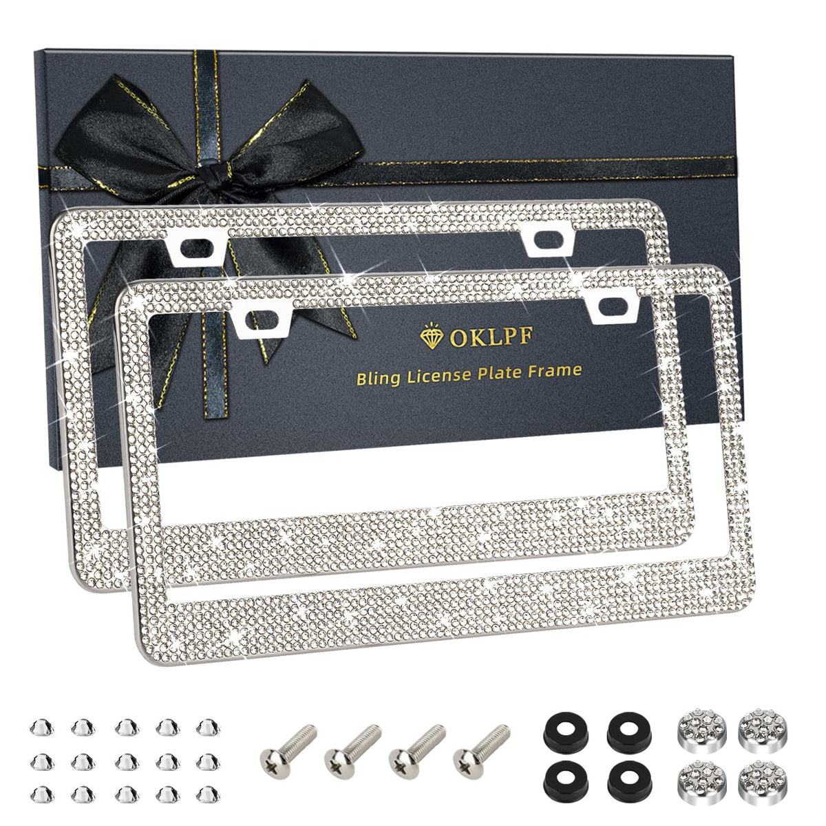 OKLPF white bling license plate frame front view showing rhinestone accents and neat finish