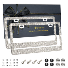 OKLPF white bling license plate frame front view showing rhinestone accents and neat finish