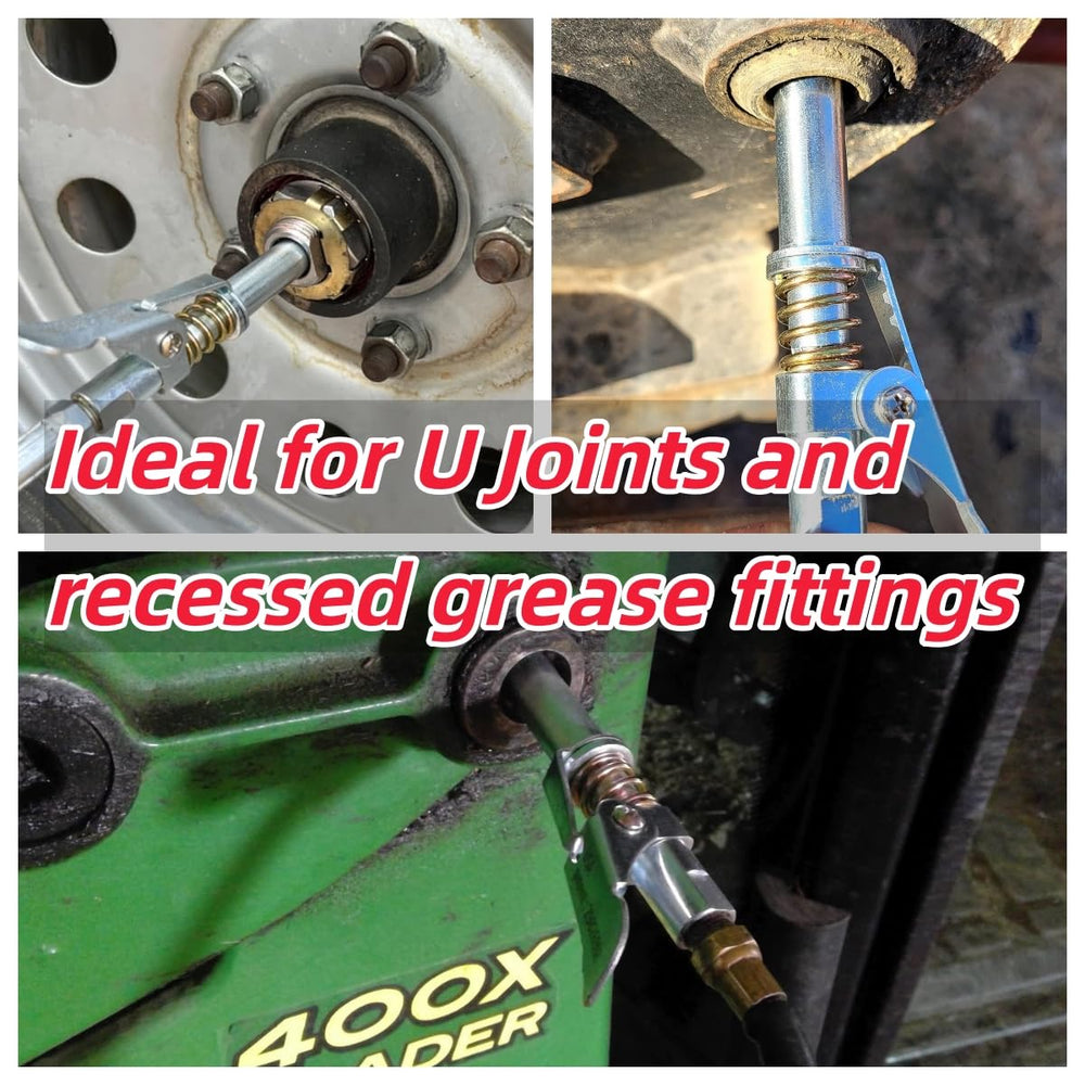 OKYOUK mounted on grease gun neck demonstrating easy replacement on 1/8" NPT guns