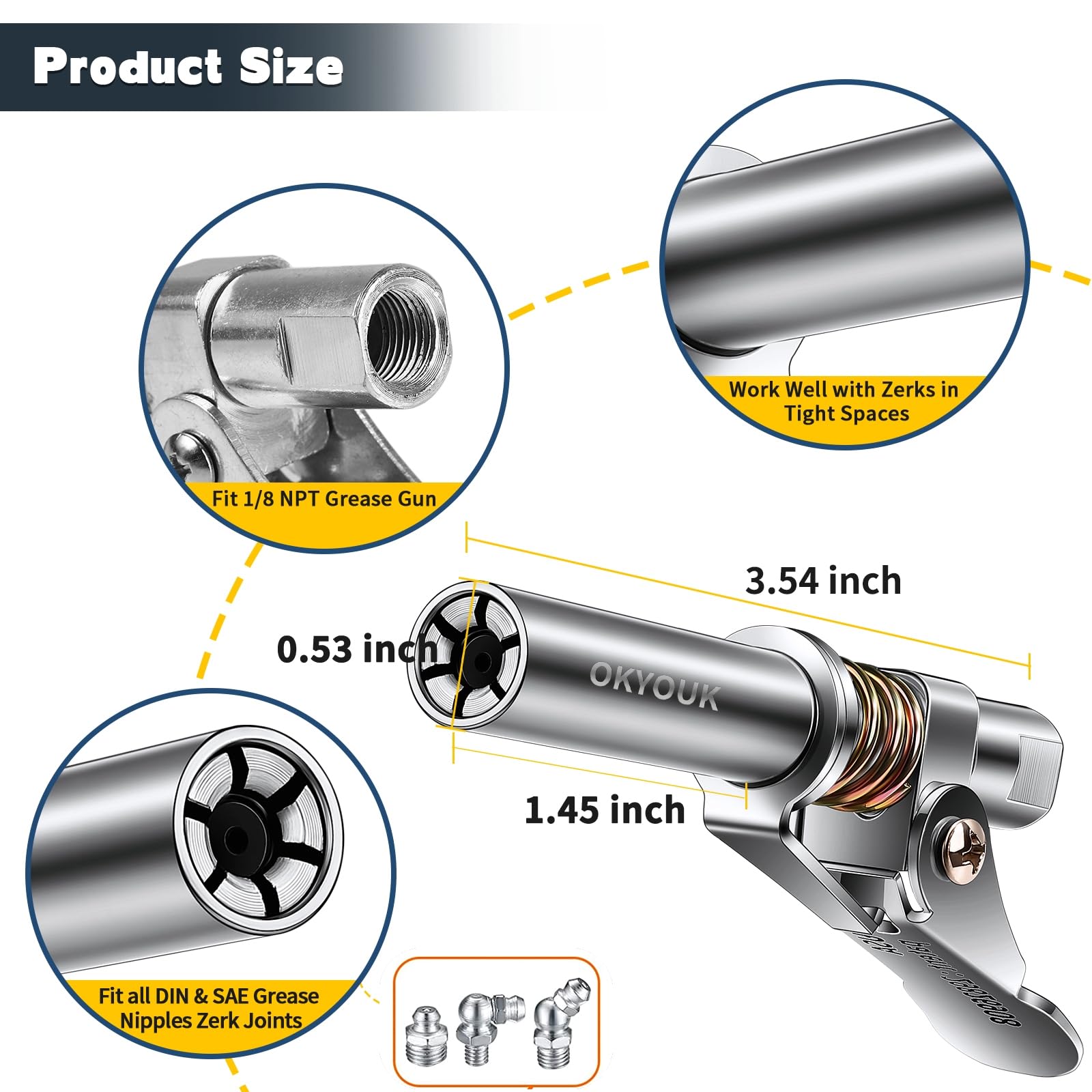 OKYOUK attached to electric grease gun showing compatibility across tool types