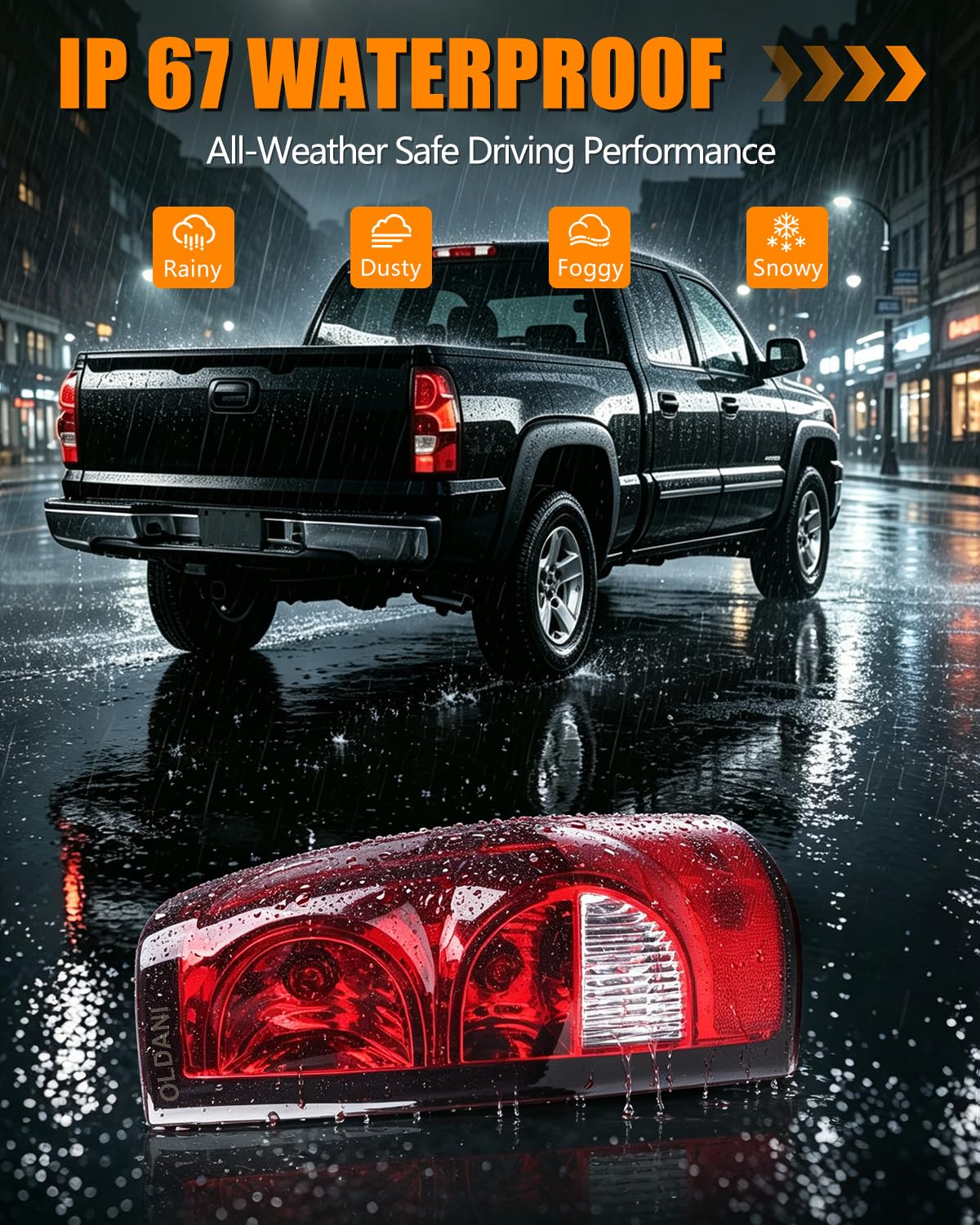 OLDANI tail light with water droplets demonstrating IP67 water resistance and durability