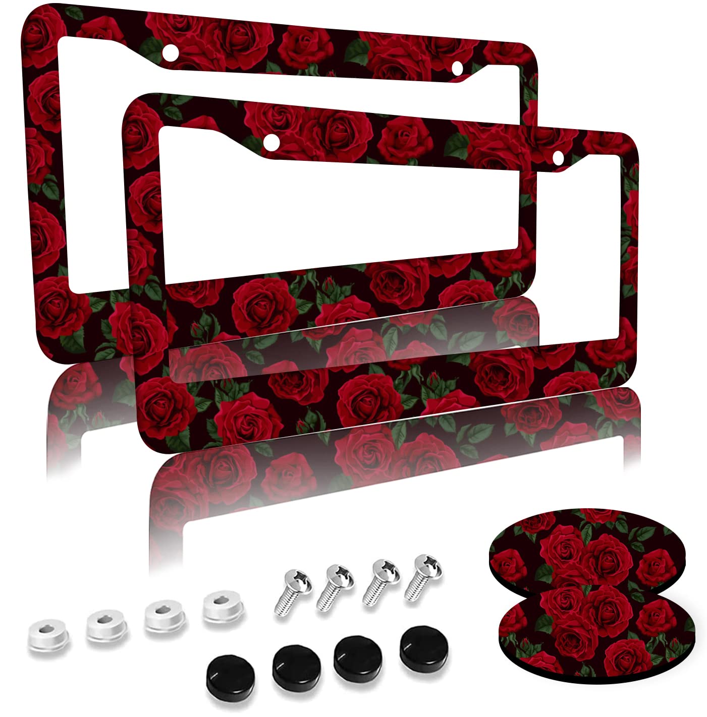 Olemier front view red rose frame shows floral style and vehicle personalization benefit