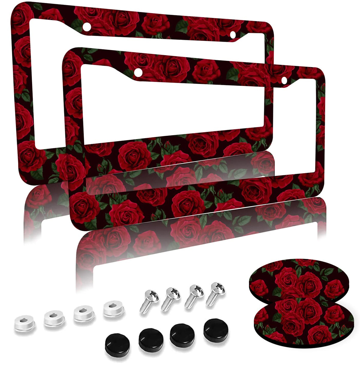 Olemier front view red rose frame shows floral style and vehicle personalization benefit