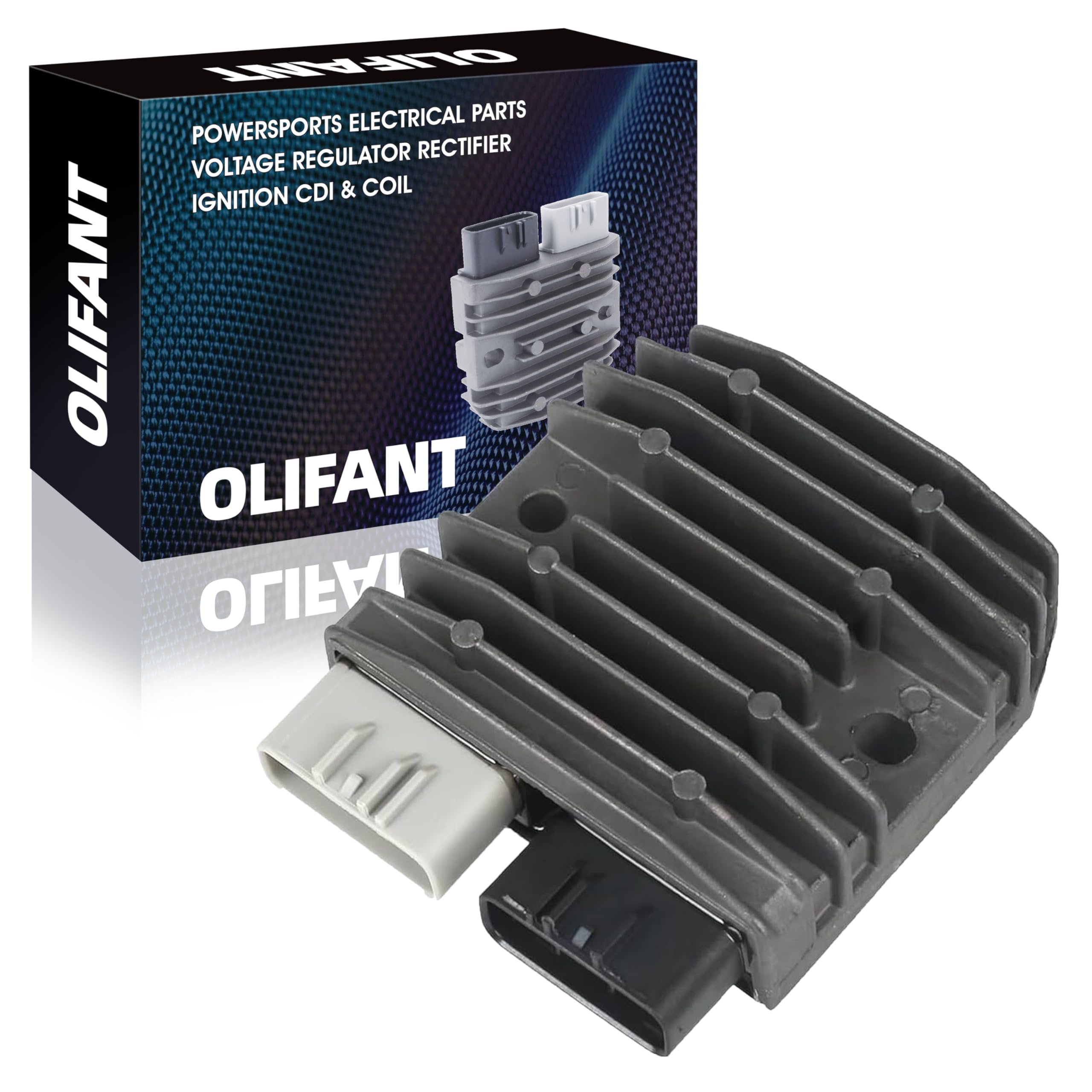 OLIFANT regulator rectifier front view showing mounting and connectors for easy replacement