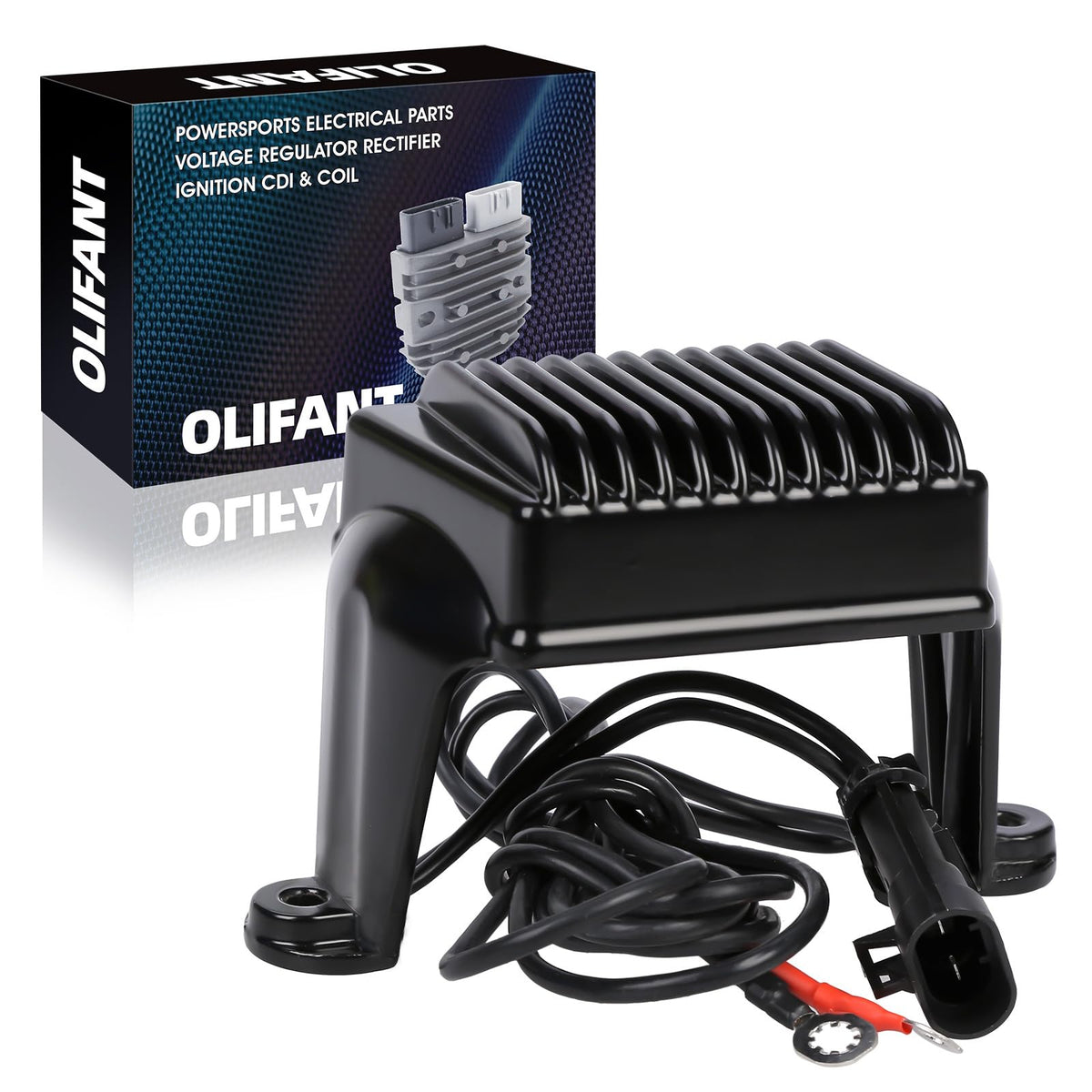 OLIFANT front view of regulator-rectifier showing mounting points and fitment benefit