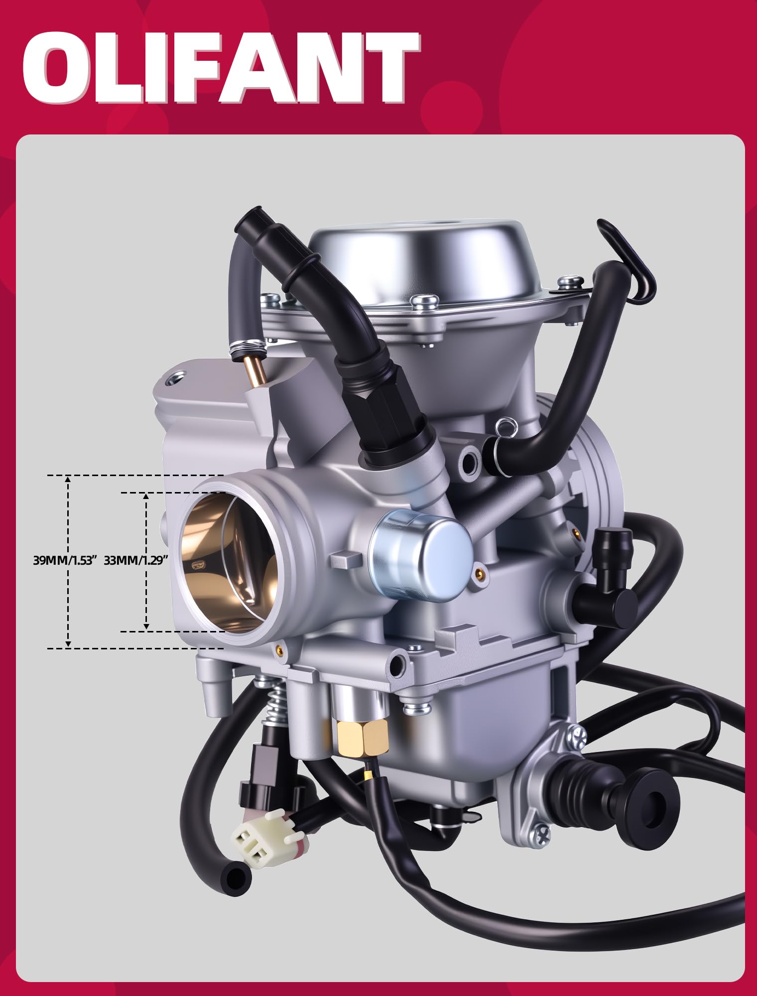 OLIFANT carburetor beside ruler showing exact dimensions for correct selection