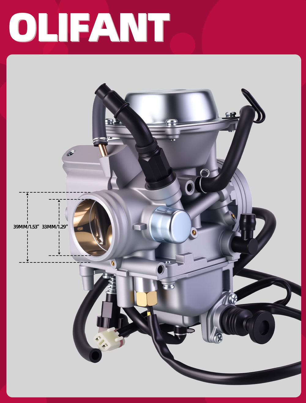 OLIFANT carburetor beside ruler showing exact dimensions for correct selection