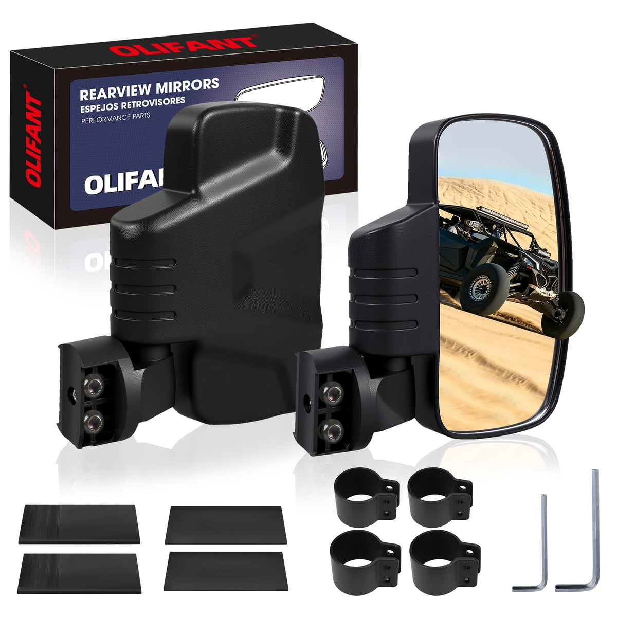 OLIFANT front-facing mirror pair mounted, shows wider rear view benefit