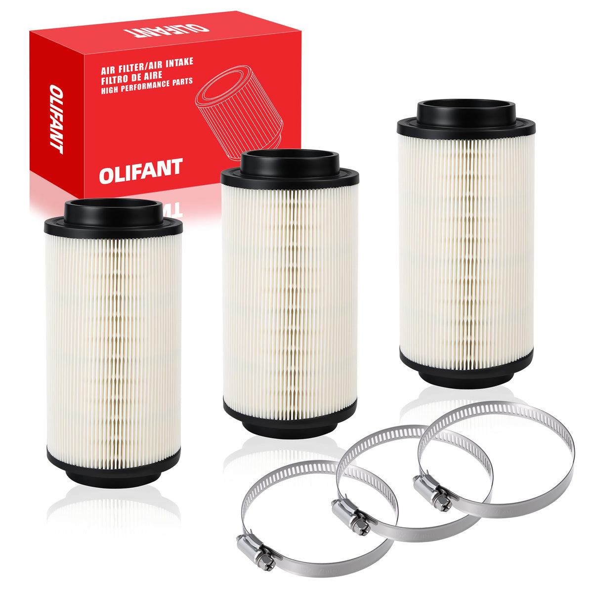 OLIFANT front view showing three filters and clamps, clear fit confirmation