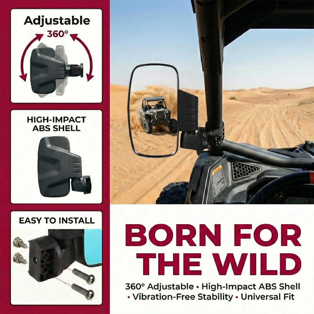 OLIFANT mirror attached to UTV roll bar, improves rear awareness benefit