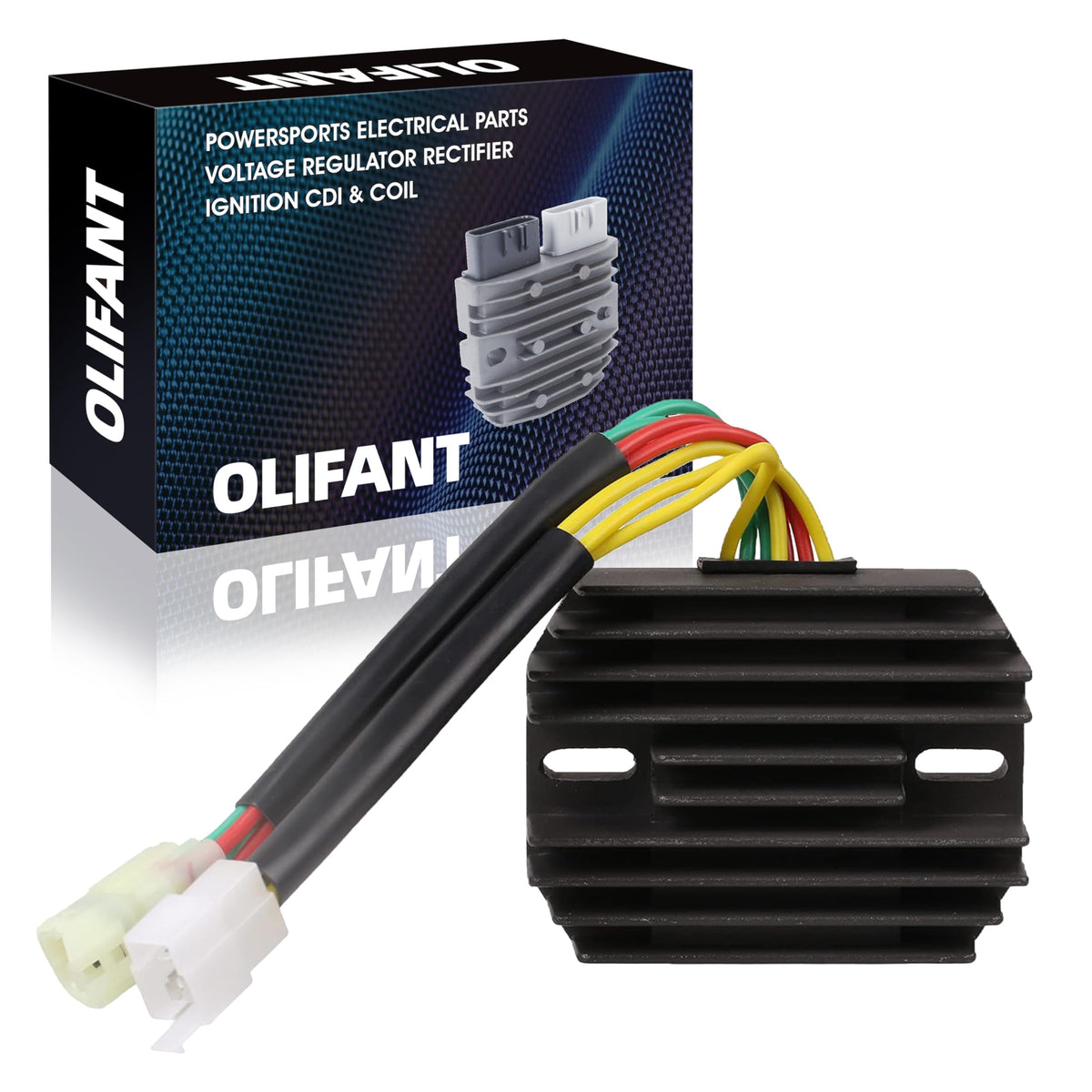 OLIFANT regulator rectifier front view showing mounting points and durable housing benefit