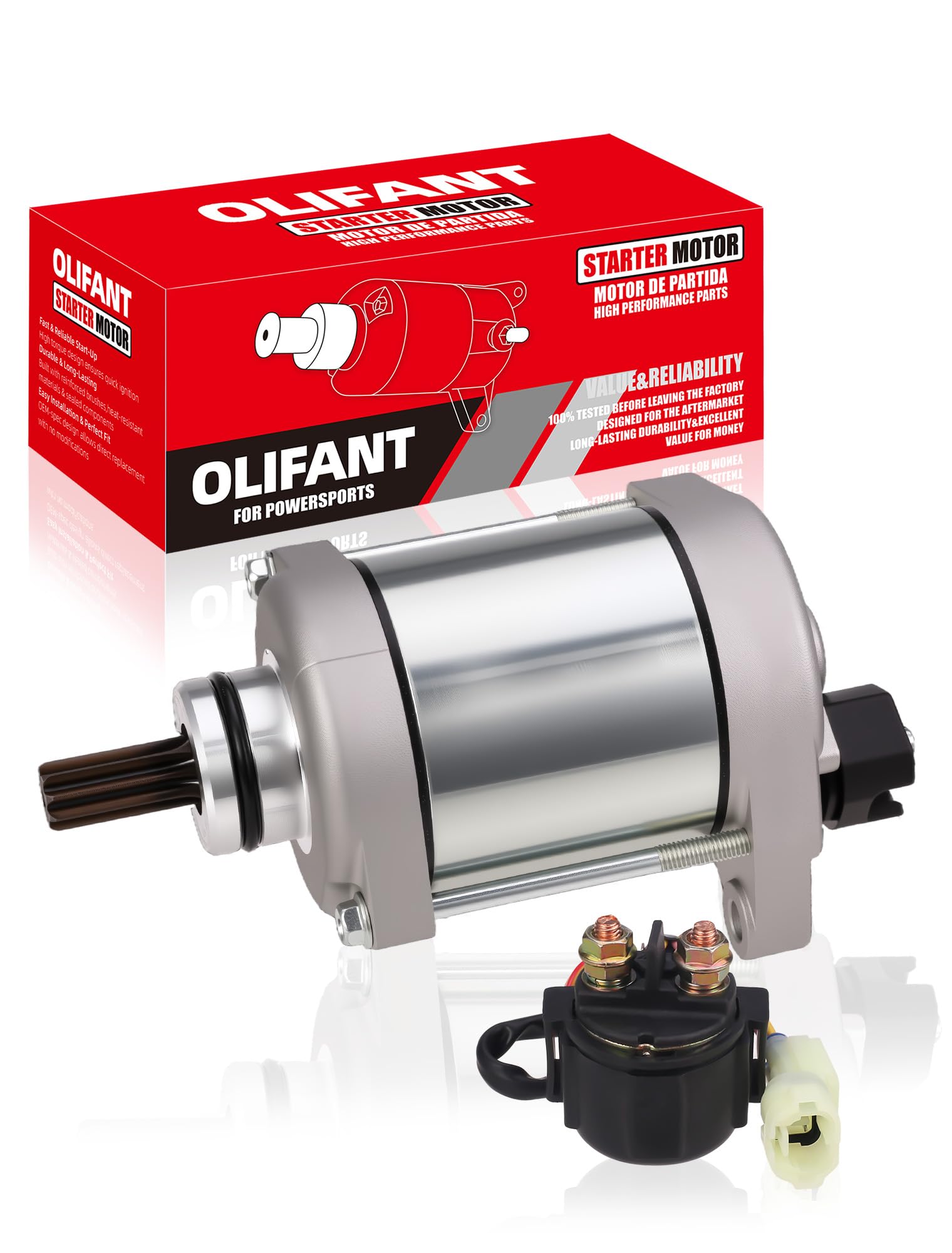 OLIFANT starter front view showing mount points and benefit of exact OE fit