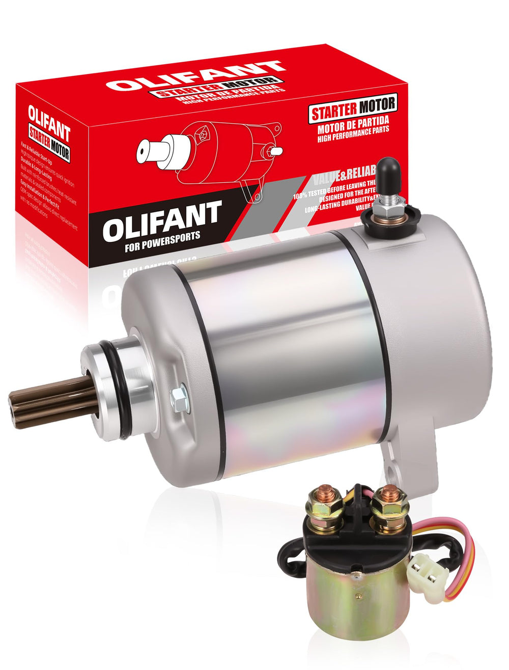 OLIFANT starter front view showing mounting points and benefit of direct-fit compatibility