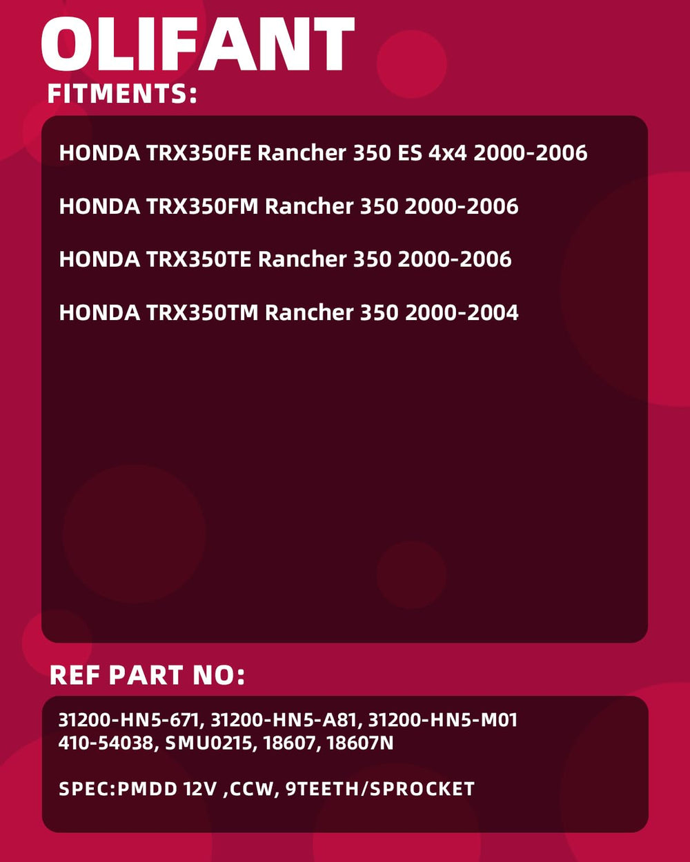 OLIFANT starter label with part numbers for quick cross-reference benefit