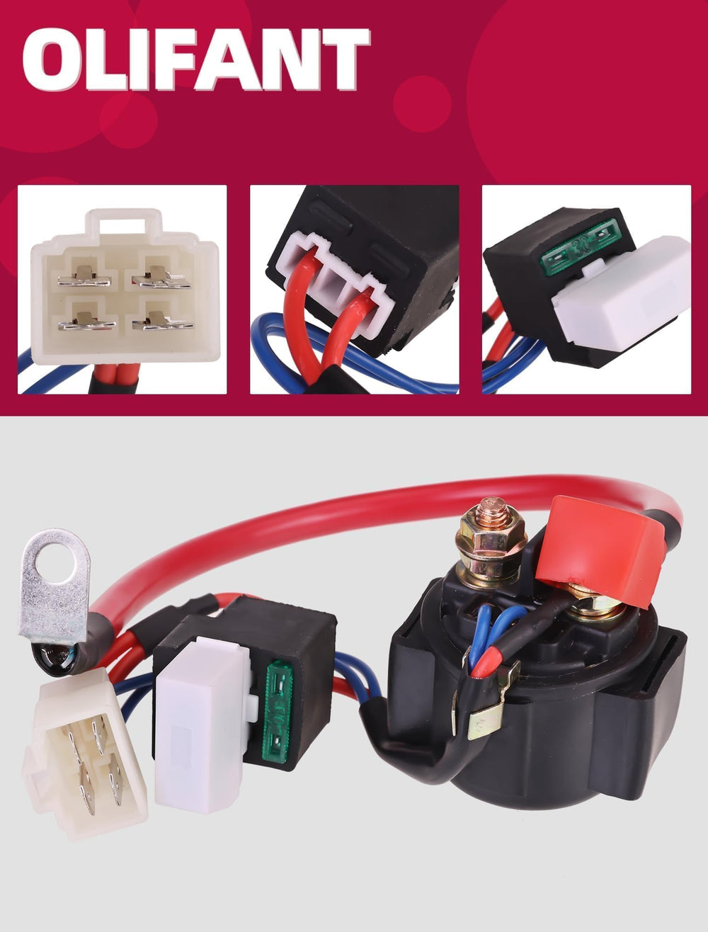 OLIFANT starter relay connector close-up showing three-plug interface