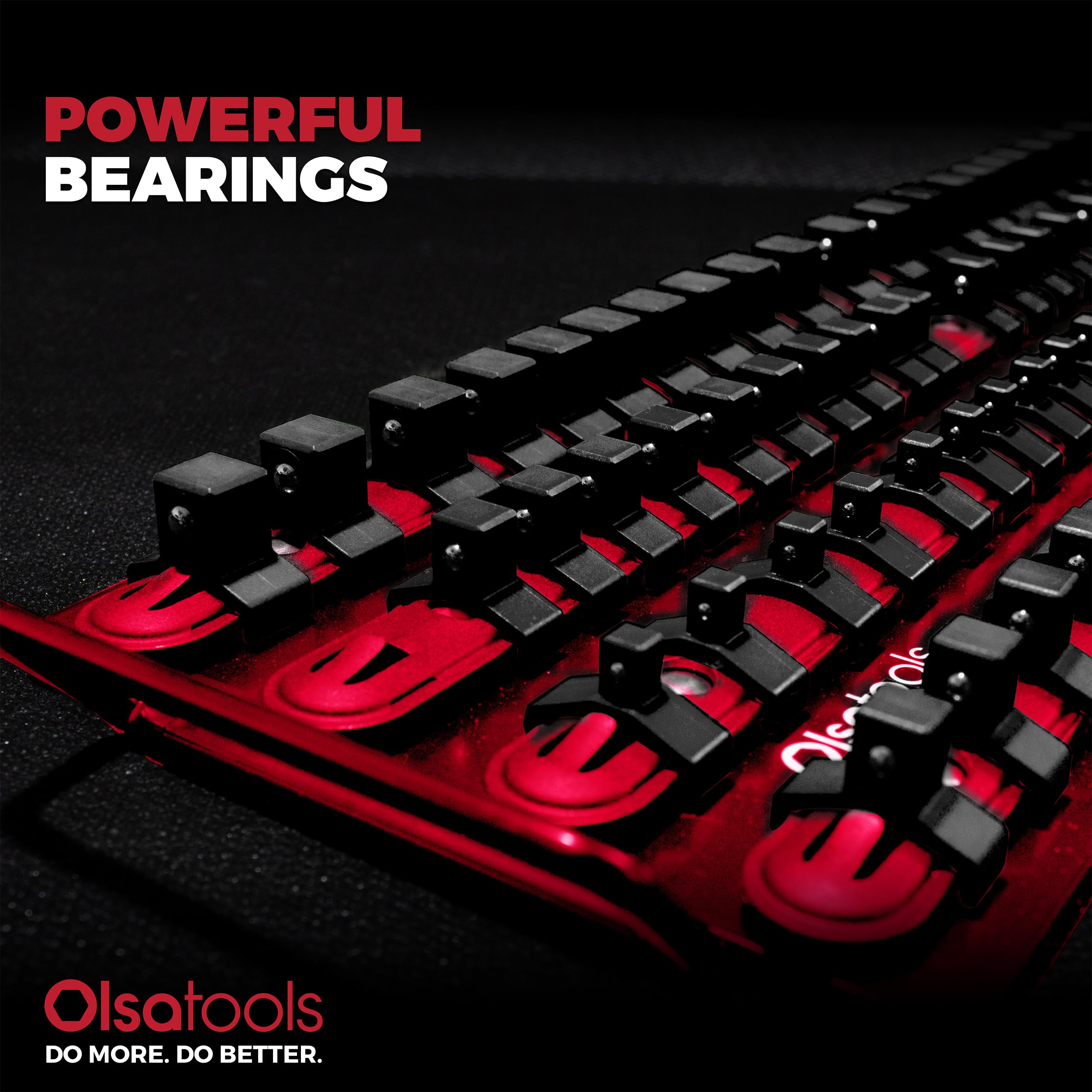 Olsa Tools close-up of ABS spring clips securing sockets reliably