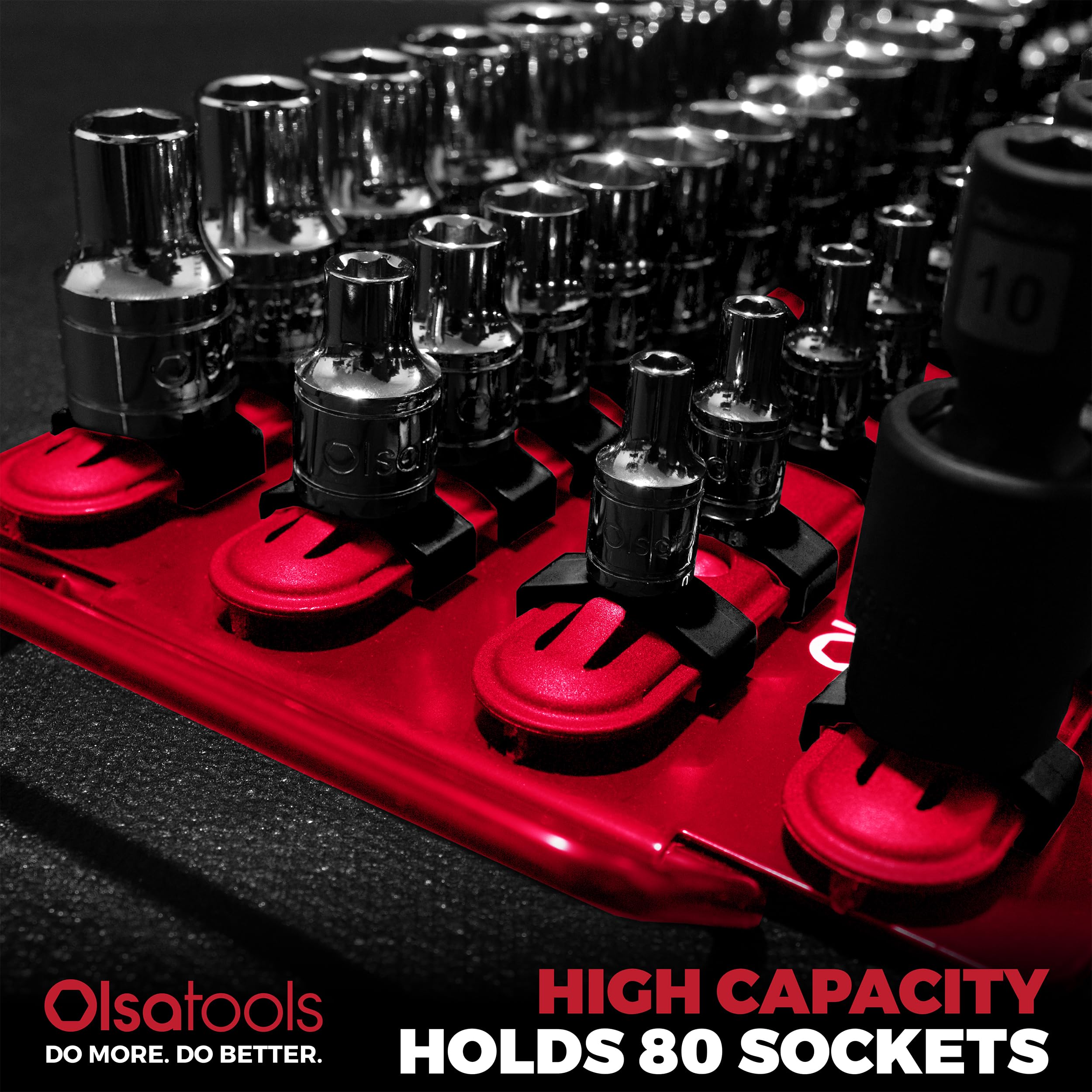 Olsa Tools labeled drive rows for 1/4, 3/8, and 1/2 inch socket clarity