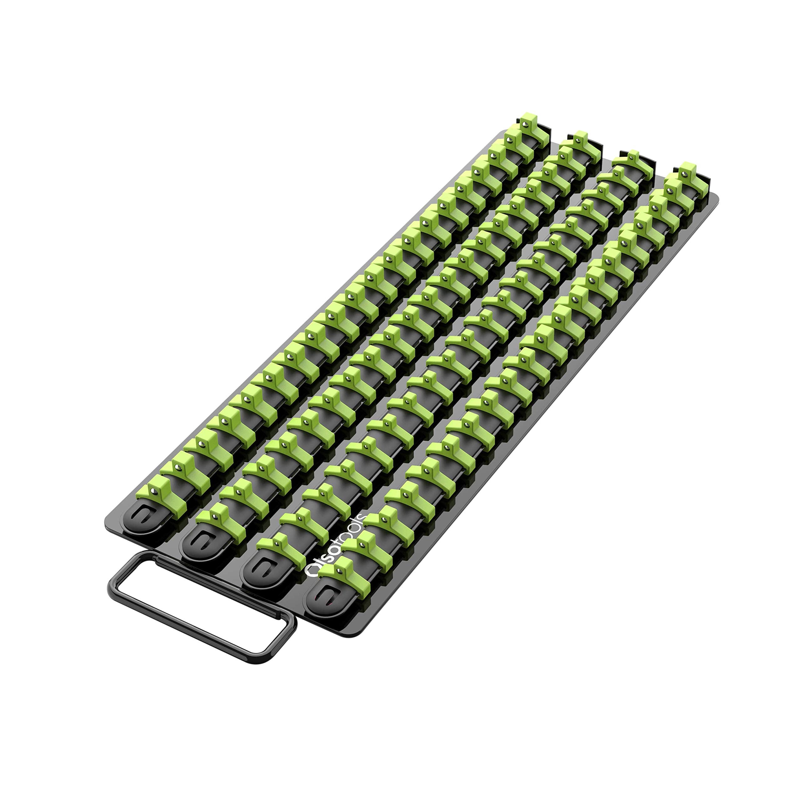 Olsa Tools front view of green black tray showing organized sockets for fast access