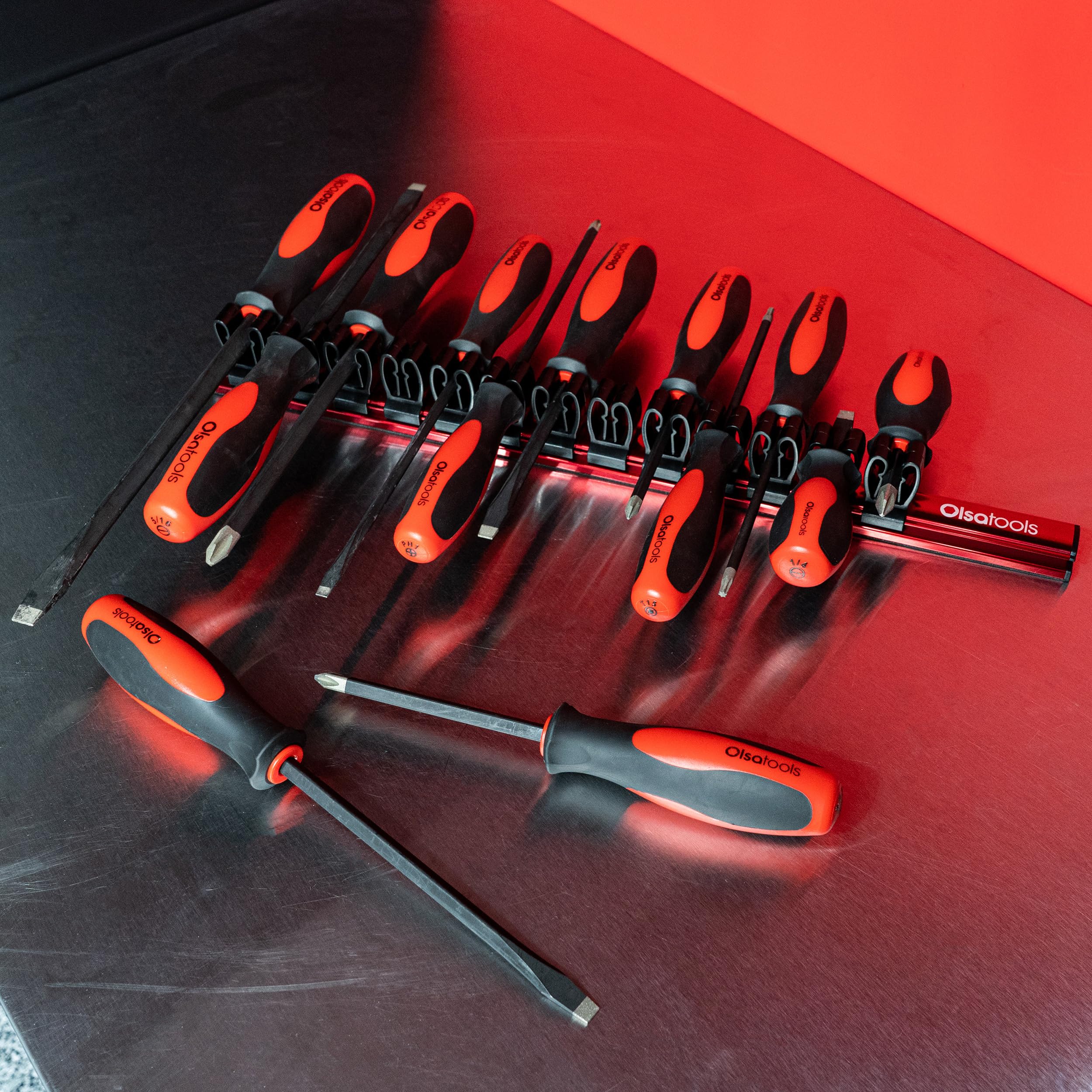 Olsa Tools holding screwdrivers, ratchets and wrenches to reduce clutter