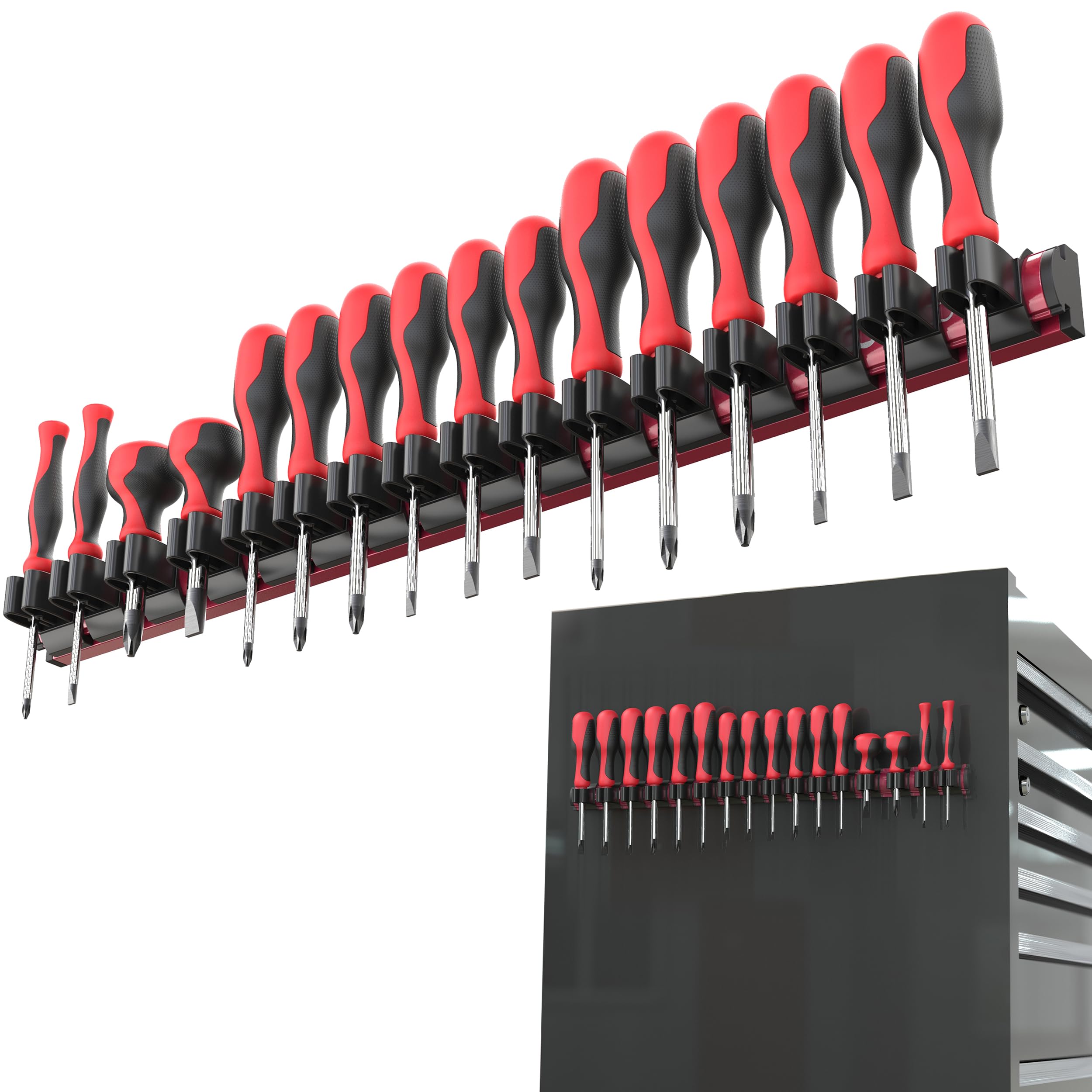 Olsa Tools front view showing red magnetic screwdriver organizer for neat storage