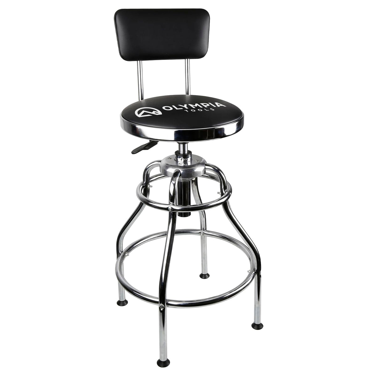 Olympia Tools front view of stool showing compact footprint and sturdy build benefit workspace organization