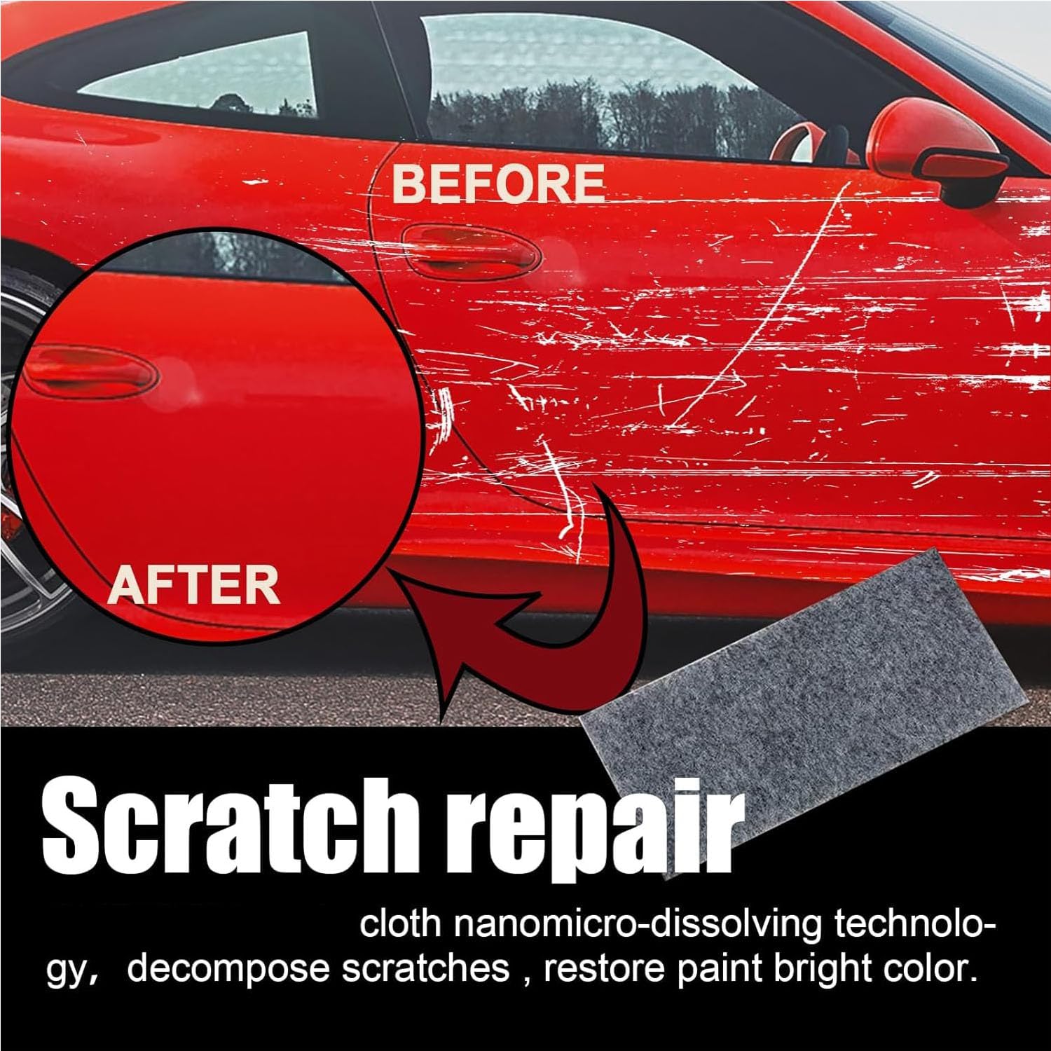 Omaky side-by-side before and after of light scratch reduction on paint