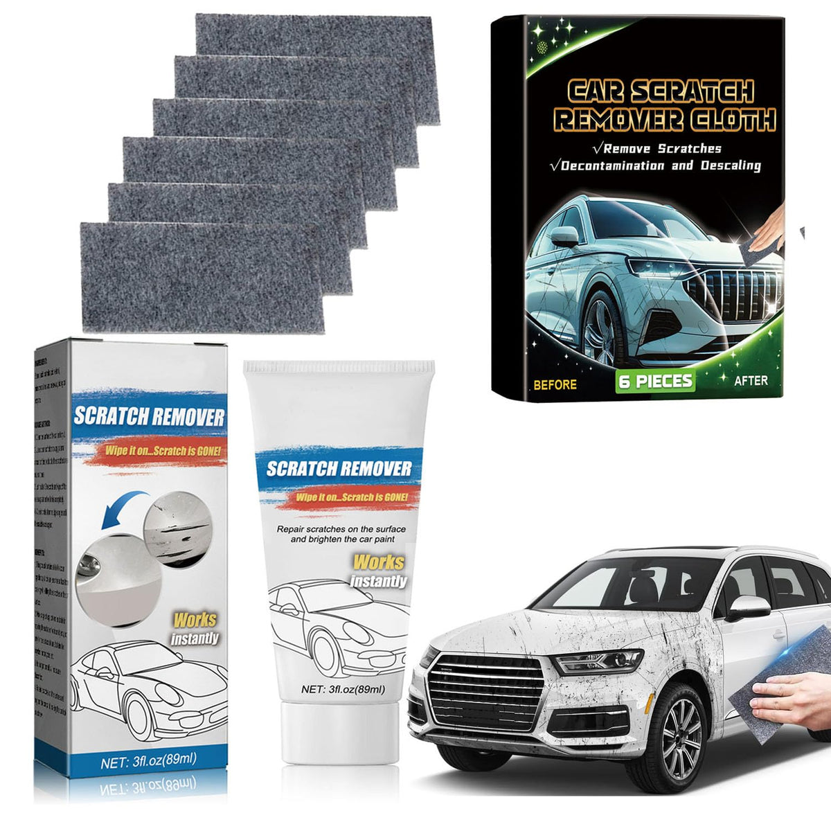 Omaky front packaging showing compact scratch repair kit and benefits