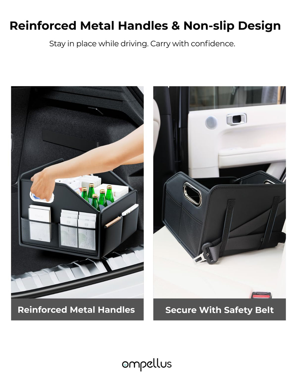 Ompellus metal handle detail for easy carrying benefit