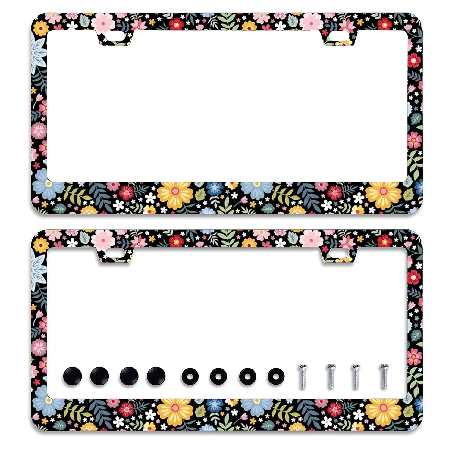 Omw2fyb front view of floral license plate frame showing decorative appeal and protection