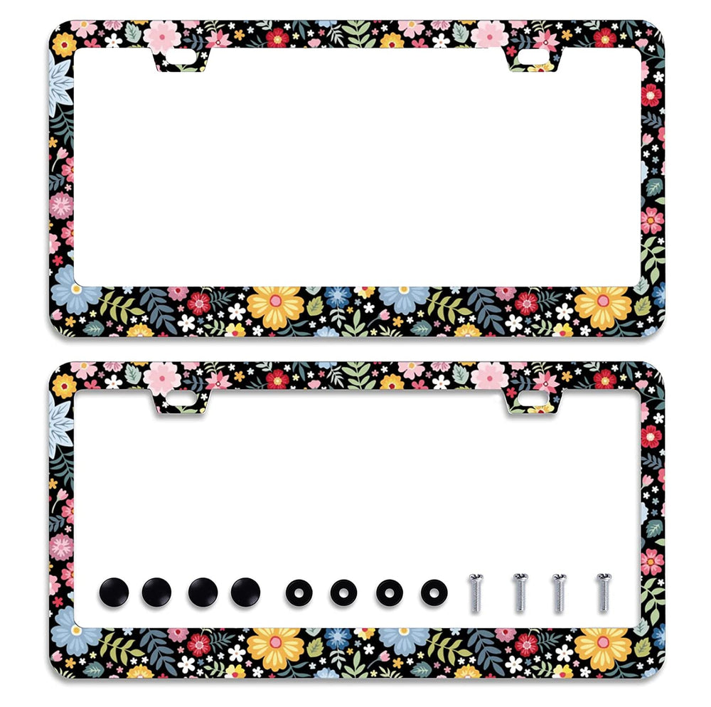 Omw2fyb front view of floral license plate frame showing decorative appeal and protection