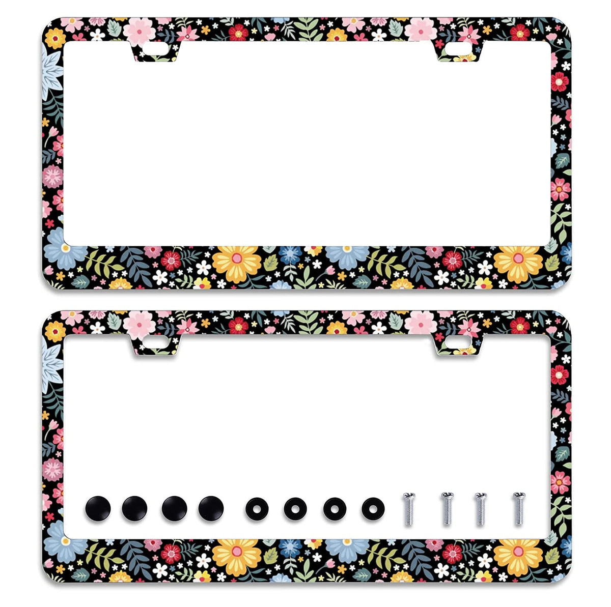 Omw2fyb front view of floral license plate frame showing decorative appeal and protection