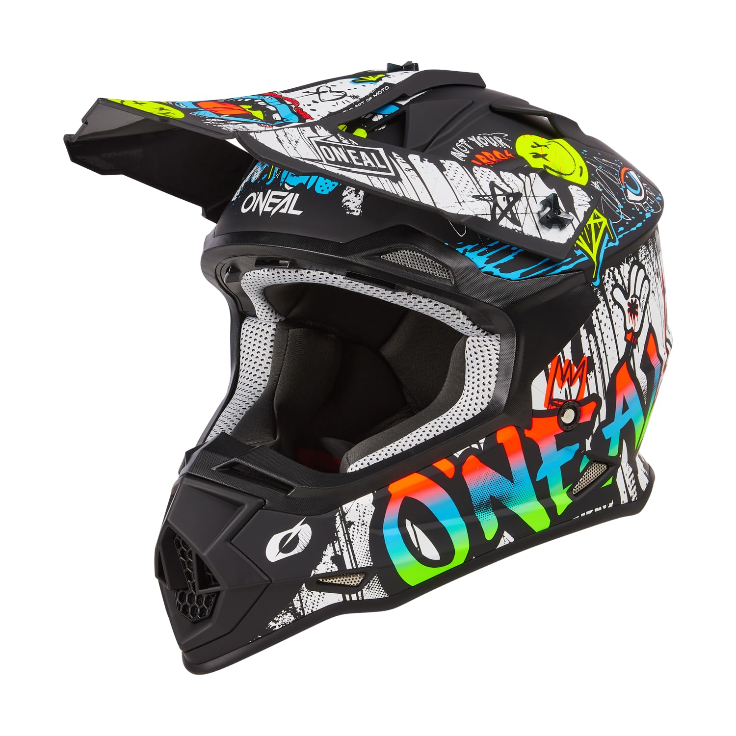 O'NEAL 2SRS side view highlighting Rancid black/white graphics and durability