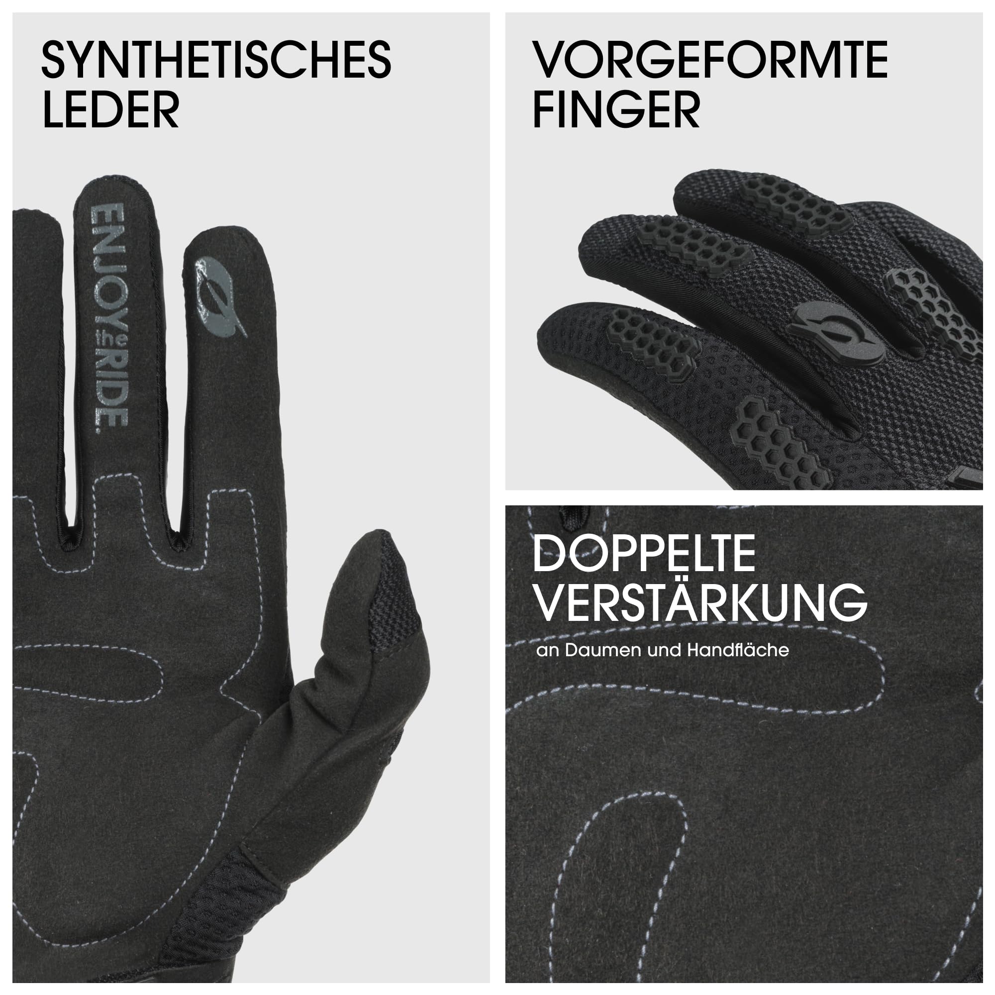 O'NEAL glove palm close-up shows ergonomic padding for improved comfort