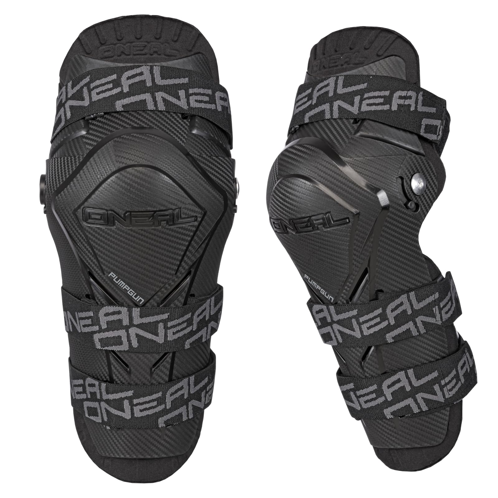 O'NEAL Pump Gun knee guard front view showing carbon-look shell and secure straps
