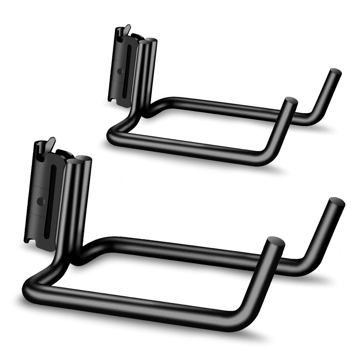 Onesnt double J hooks mounted on E-track showing sturdy front view and quick fit benefit