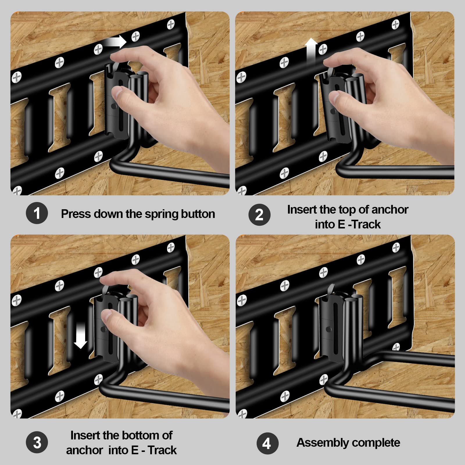 Onesnt hooks holding shovels brooms and hoses demonstrating clutter-free trailer benefit