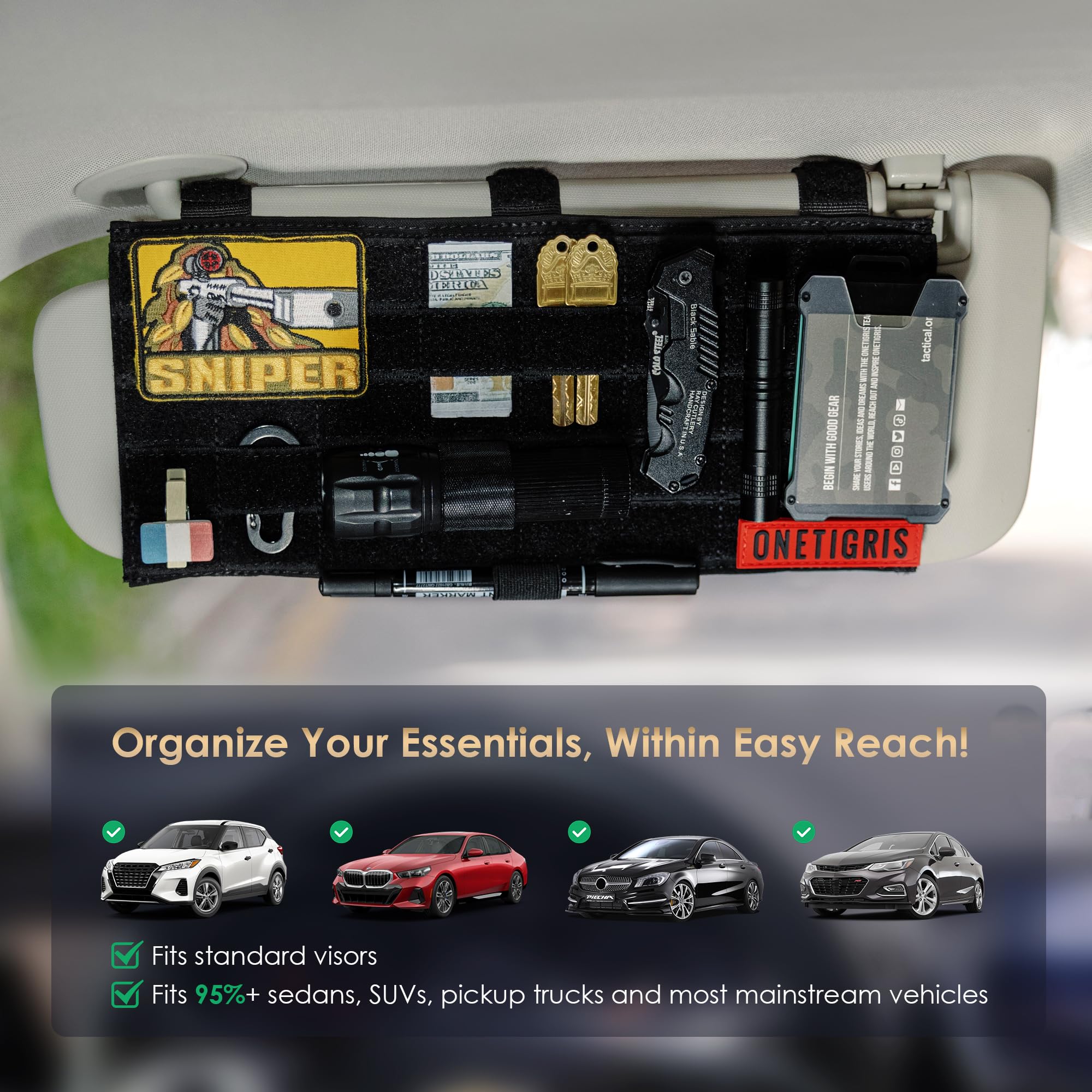ONETIGRIS dual hook-and-loop pouches storing ID and cash for quick retrieval