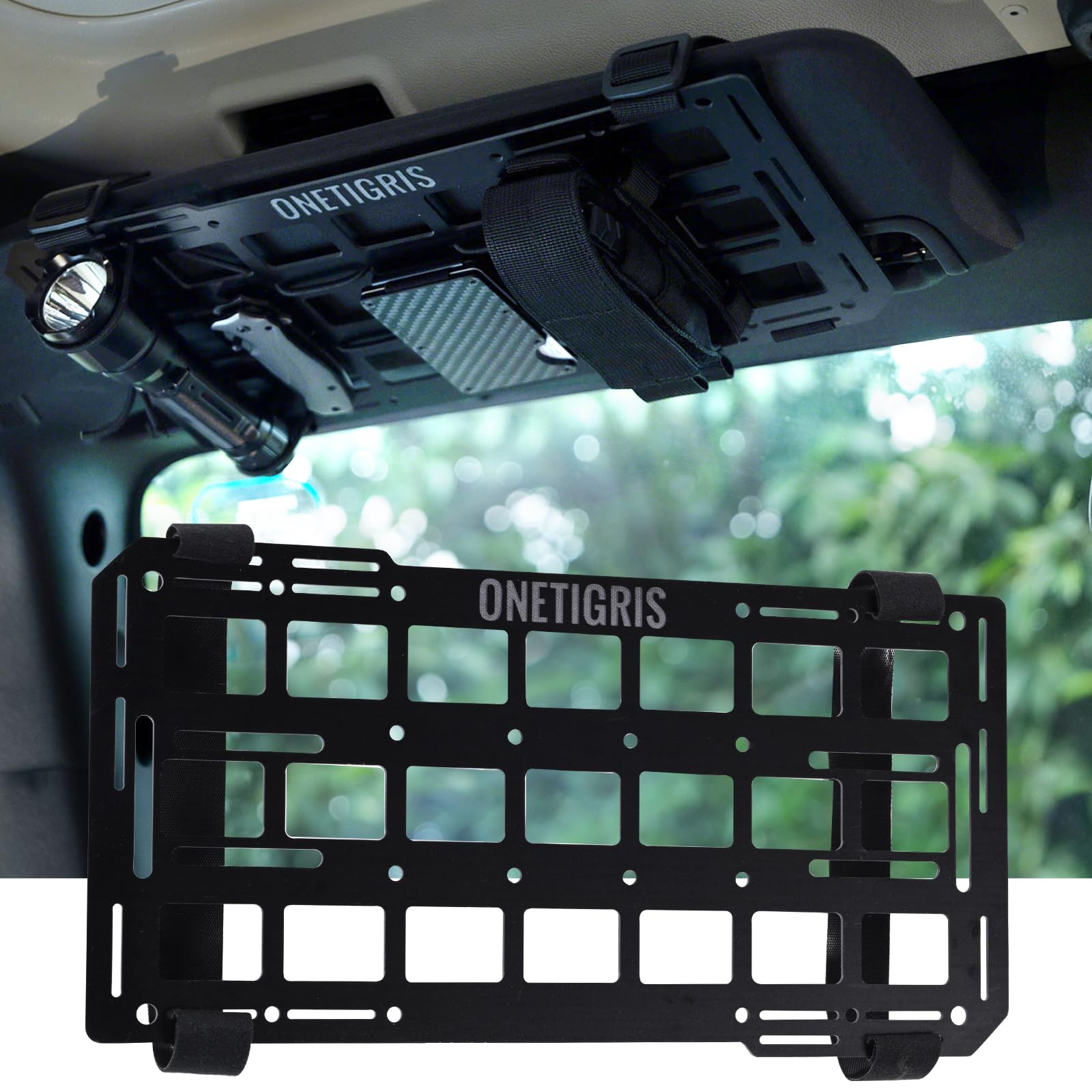 ONETIGRIS front view of rigid visor panel showing sleek low-profile storage benefit