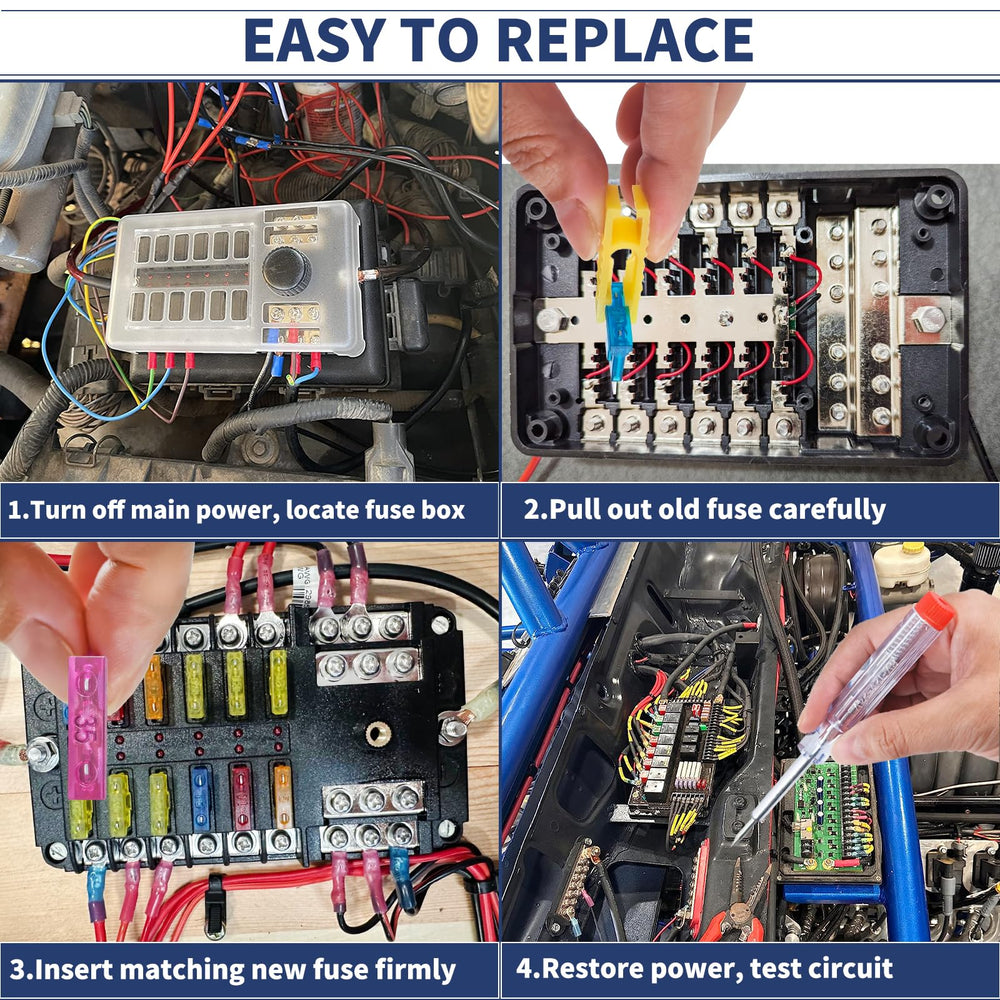 Onfunlee high-amp box fuses and labels illustrating heavy-circuit replacement options